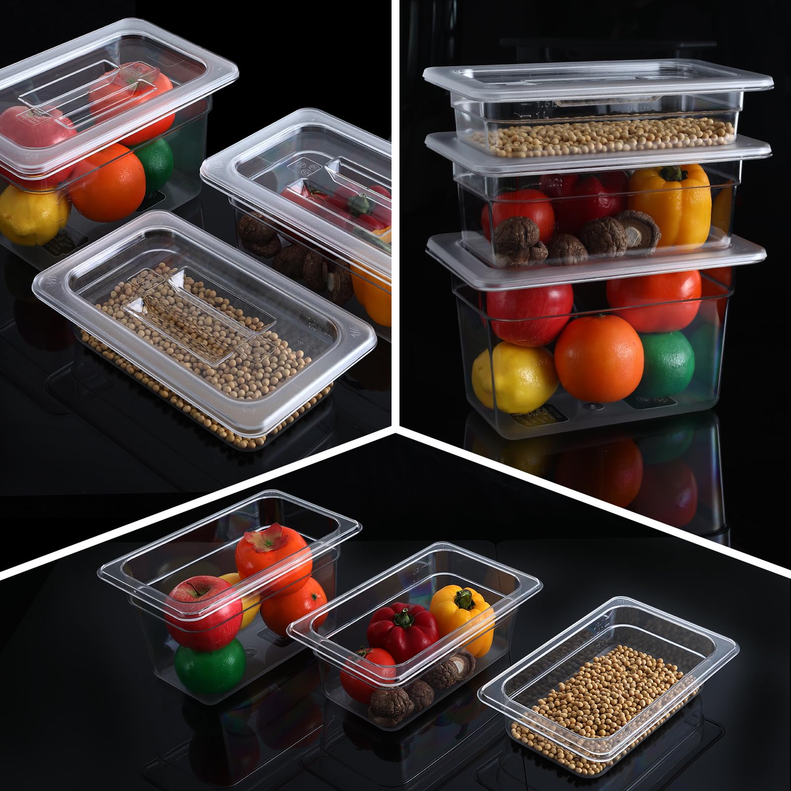 Paquete de 6 sartenes transparentes de 1/4 de 6 pulgadas de profundidad con tapas, sartenes comerciales de policarbonato transparente para almacenamiento de alimentos, sartén de plástico apilable con