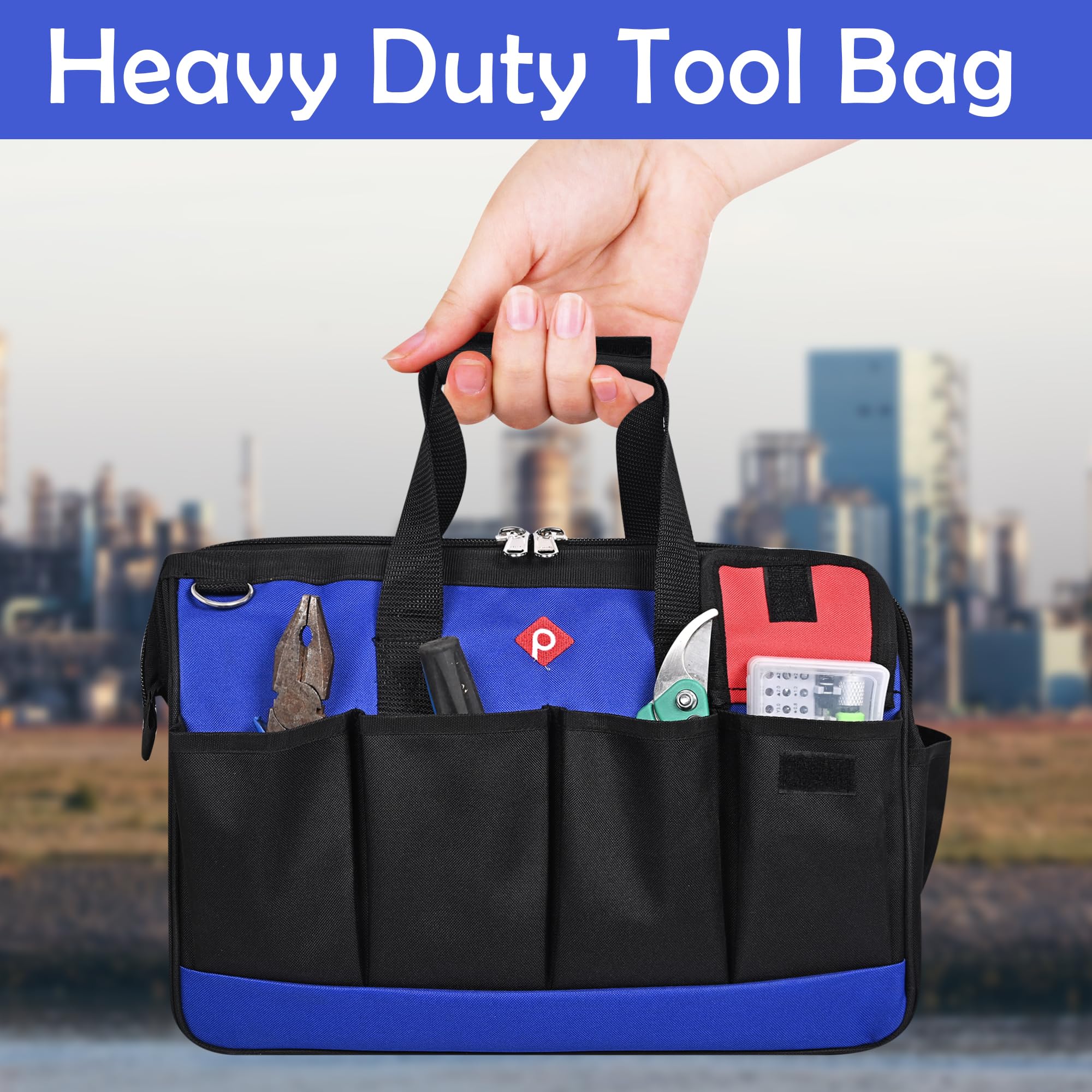 PAHAL 16 Inch Tool Bag Wide Mouth, Heavy Duty Waterproof Nylon Tool Organizer for Electrician, Technician, Plumber, AC Mechanic & Carpenter (Blue, Large, Multi-Pocket, Empty) 4