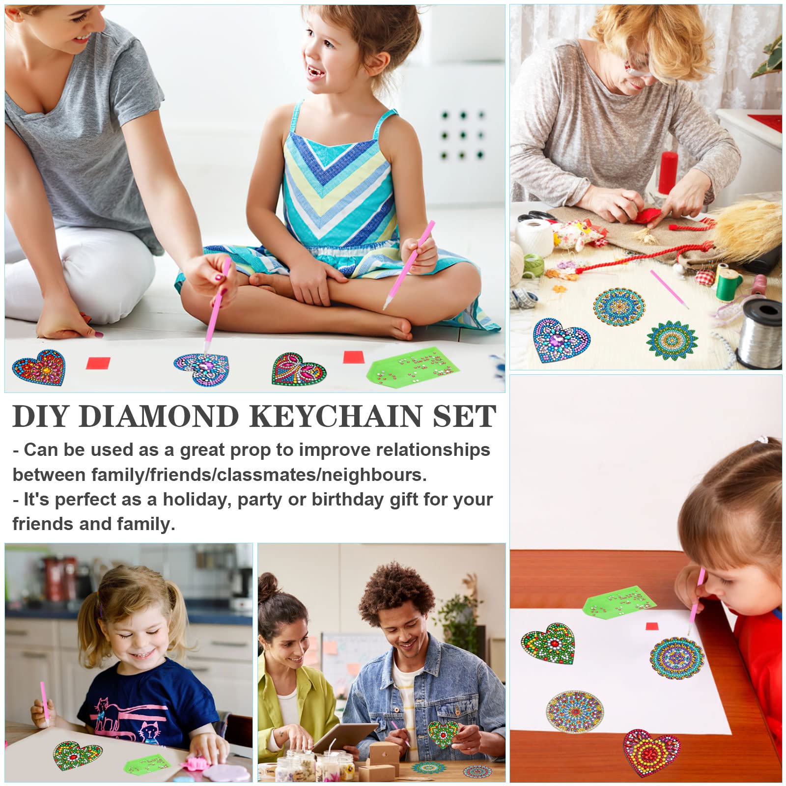 5D Diamant Schilderen Sleutelhanger, 10 Stks DIY Mandala/Liefde Gevormde Volledige Boor Diamant Sleutelhangers Kits, Diamond Art Craft Hanger voor Kinderen Vrouwen Craft Geschenken Portemonnee