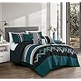 Chezmoi Collection Napa 7-Piece Luxury Leaves Scroll Embroidery Bedding Comforter Set (Queen, Teal/Gray/Black)