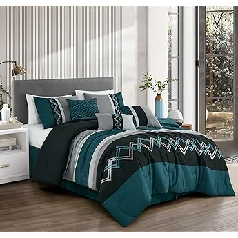 Chezmoi Collection Napa 7-Piece Luxury Leaves Scroll Embroidery Bedding Comforter Set (Queen, Teal/Gray/Black)