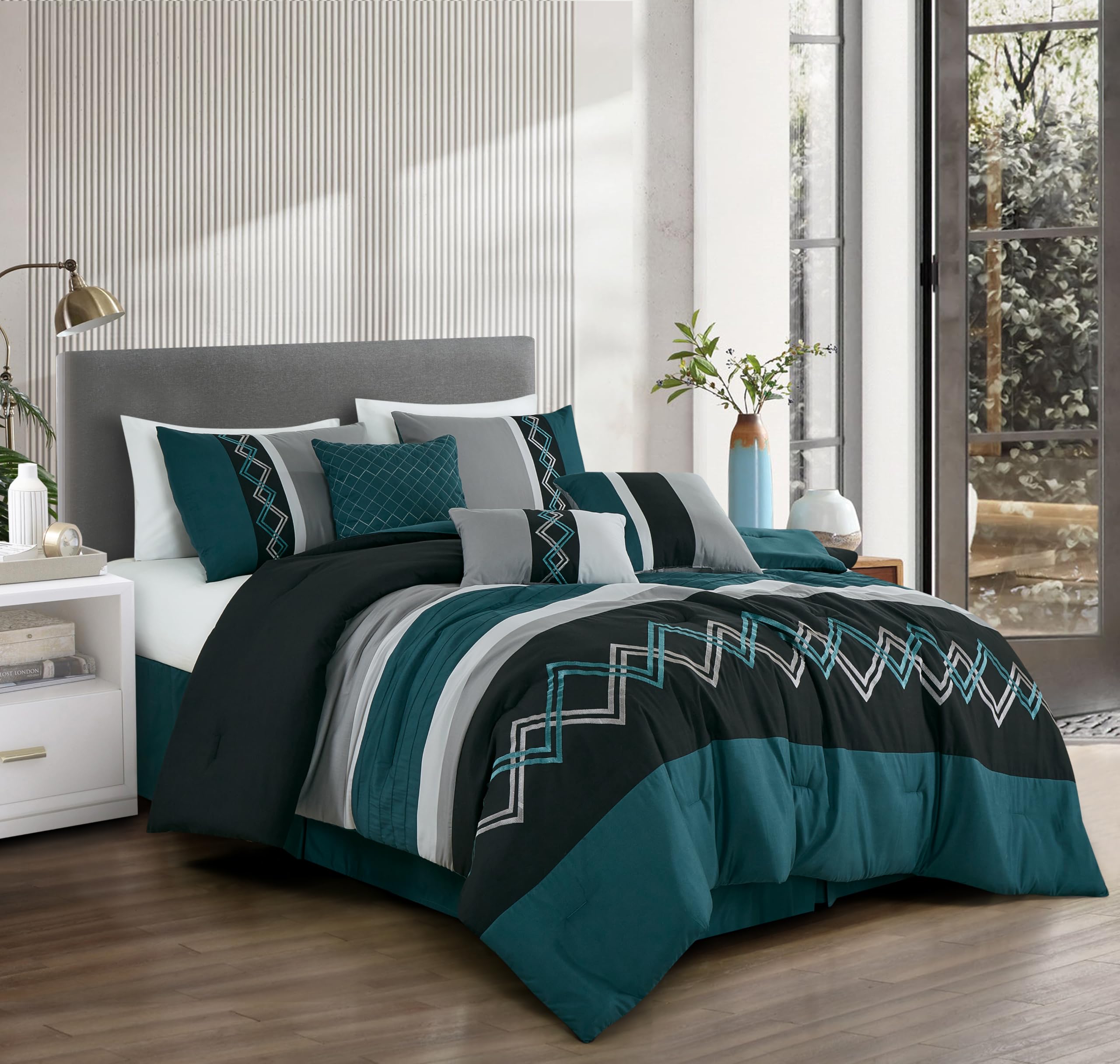Chezmoi Collection Arden 7-Piece Modern Pleated Stripe Embroidered Zigzag Bedding Comforter Set (Queen, Teal/Black/Gray)