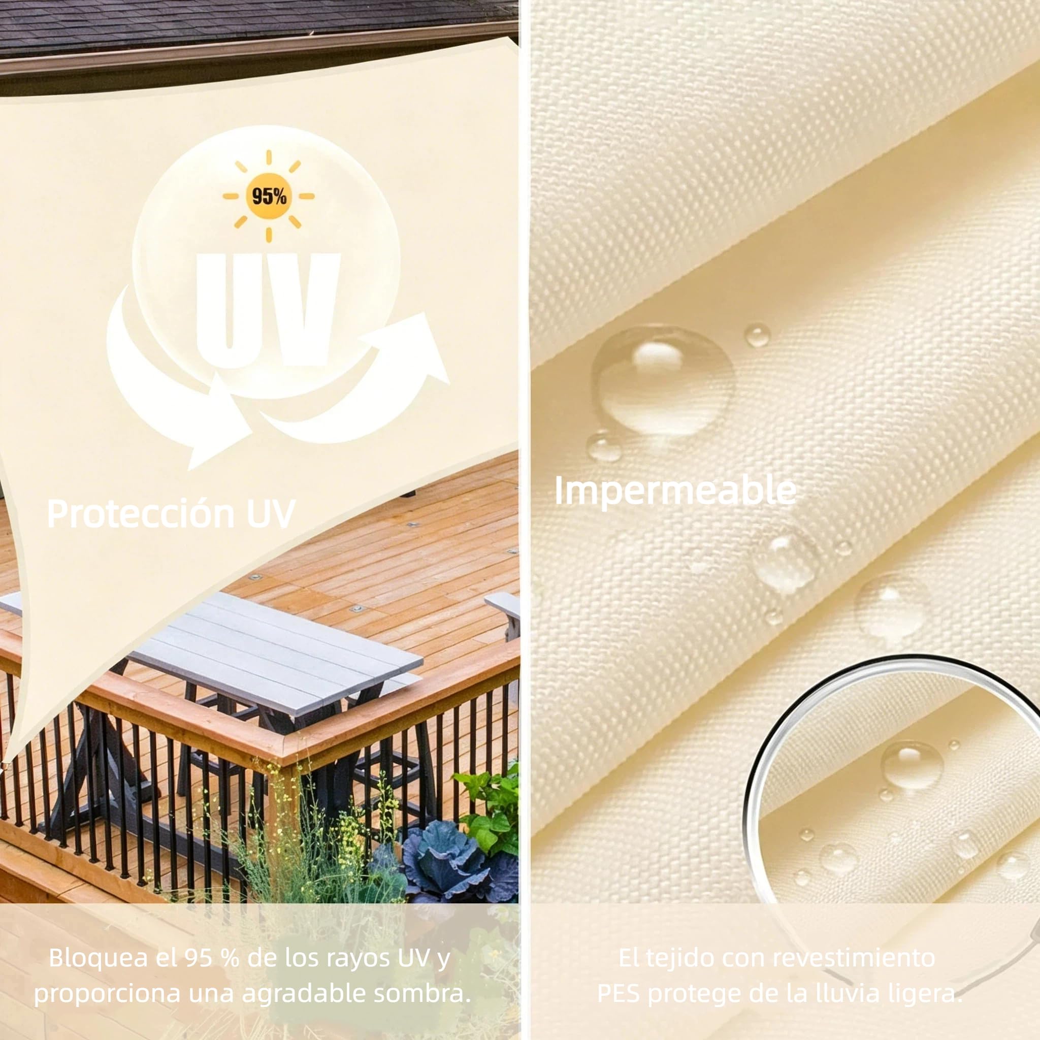 Toldo Vela de Sombra Impermeable 3.5x3.5m Rectangular Toldos Exterior Terraza Protección Rayos UV 95% Resistente al Desgarro para Terraza Balcon Patio Exteriores Jardín Césped (Beige)