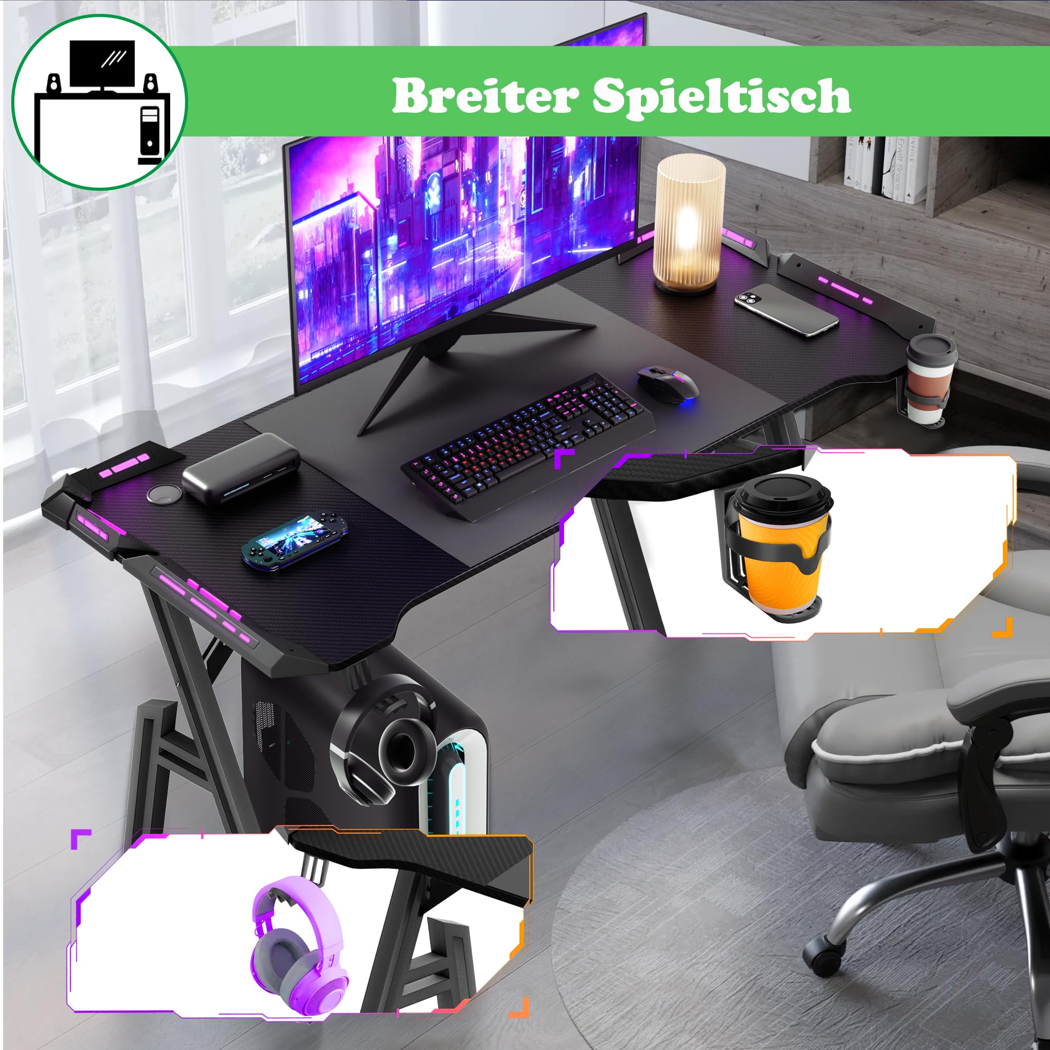 SUBTLETY Gaming Tisch 120x60cm A-Frame Schreibtisch mit Getränkehalter & Kopfhörer Haken Ergonomischer PC Computertisch Tragfähigkeit bis zu 100KG Gamingtisch für Büro