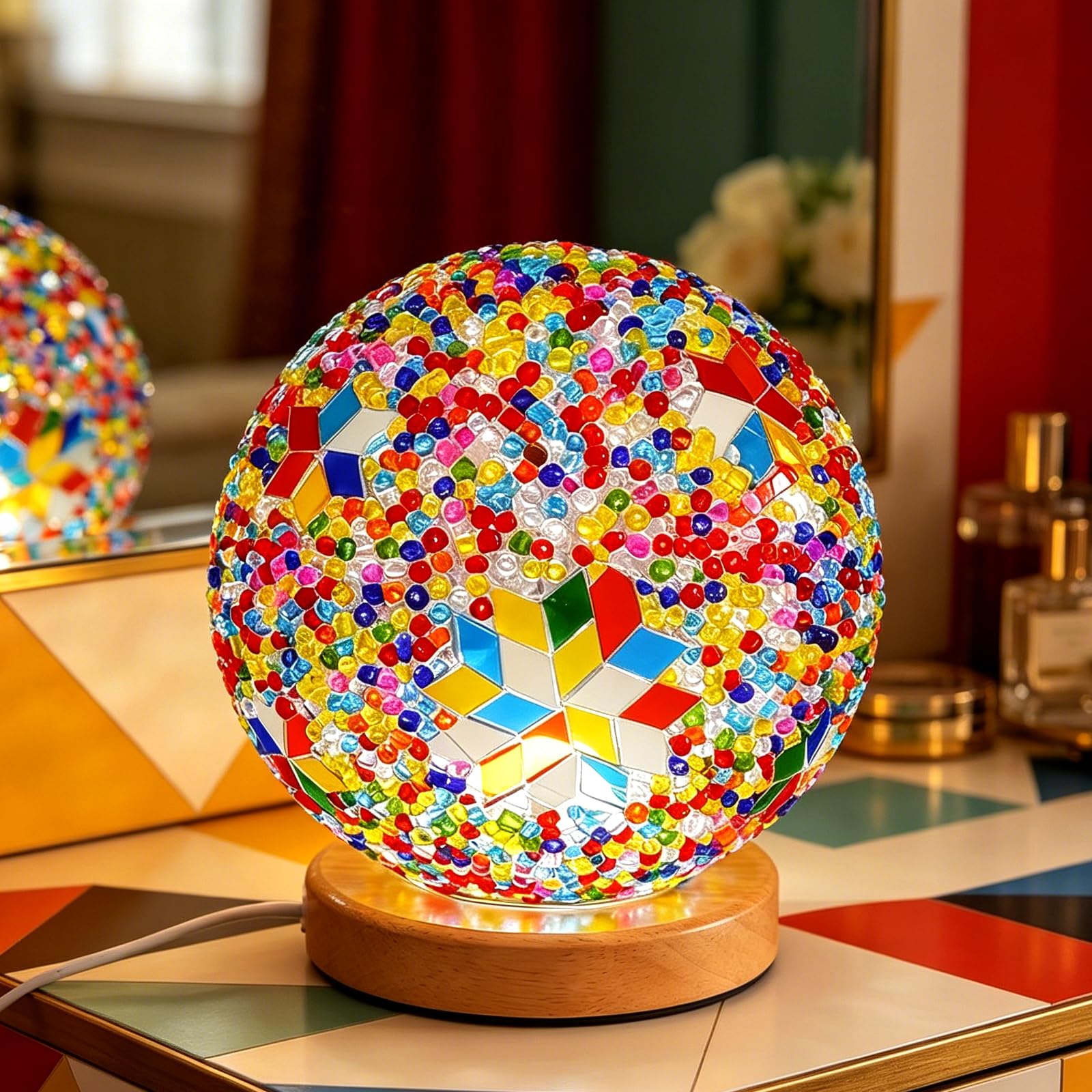 shulovehua Turkish Mosaic Table Lamp Memphis-Style Stained Glass Light Vintage Decorative Night Lights Funky Bedside Light for Teen Room Creative Decoration for Office & Studio Unique Art Gift
