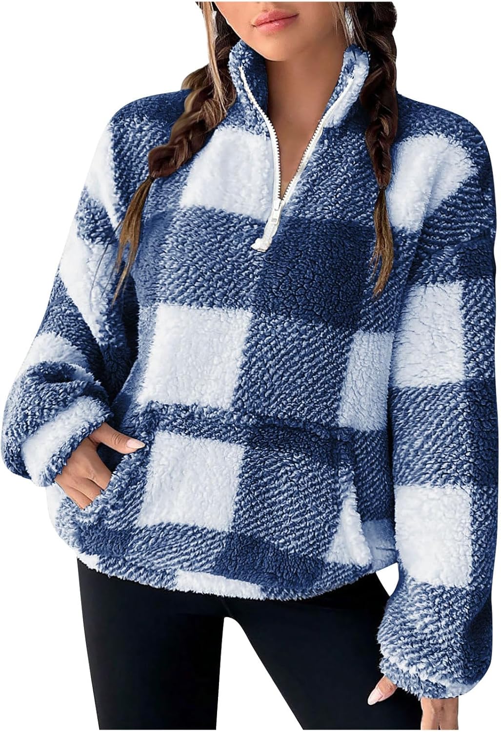 eoeioa Sherpa Quarter Zip Pullover Women Plush Oversized Mock Neck Sweatshirt Winter Warm Checkered Sweater with Pockets