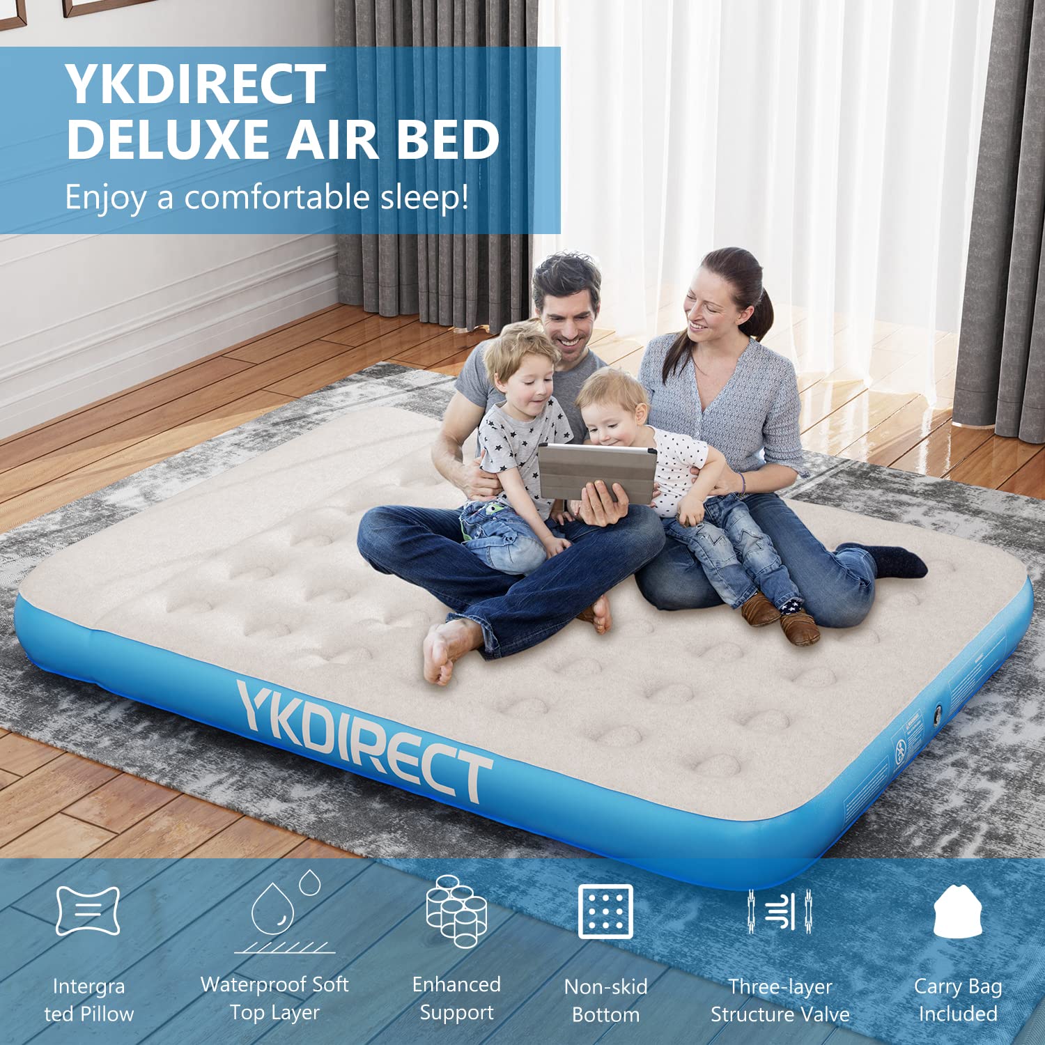 YKDIRECT Nadmuchiwane łóżko kempingowe z wbudowaną poduszką powietrzną dla rodziny, na kemping i podróże, wodoodporne i wygodne