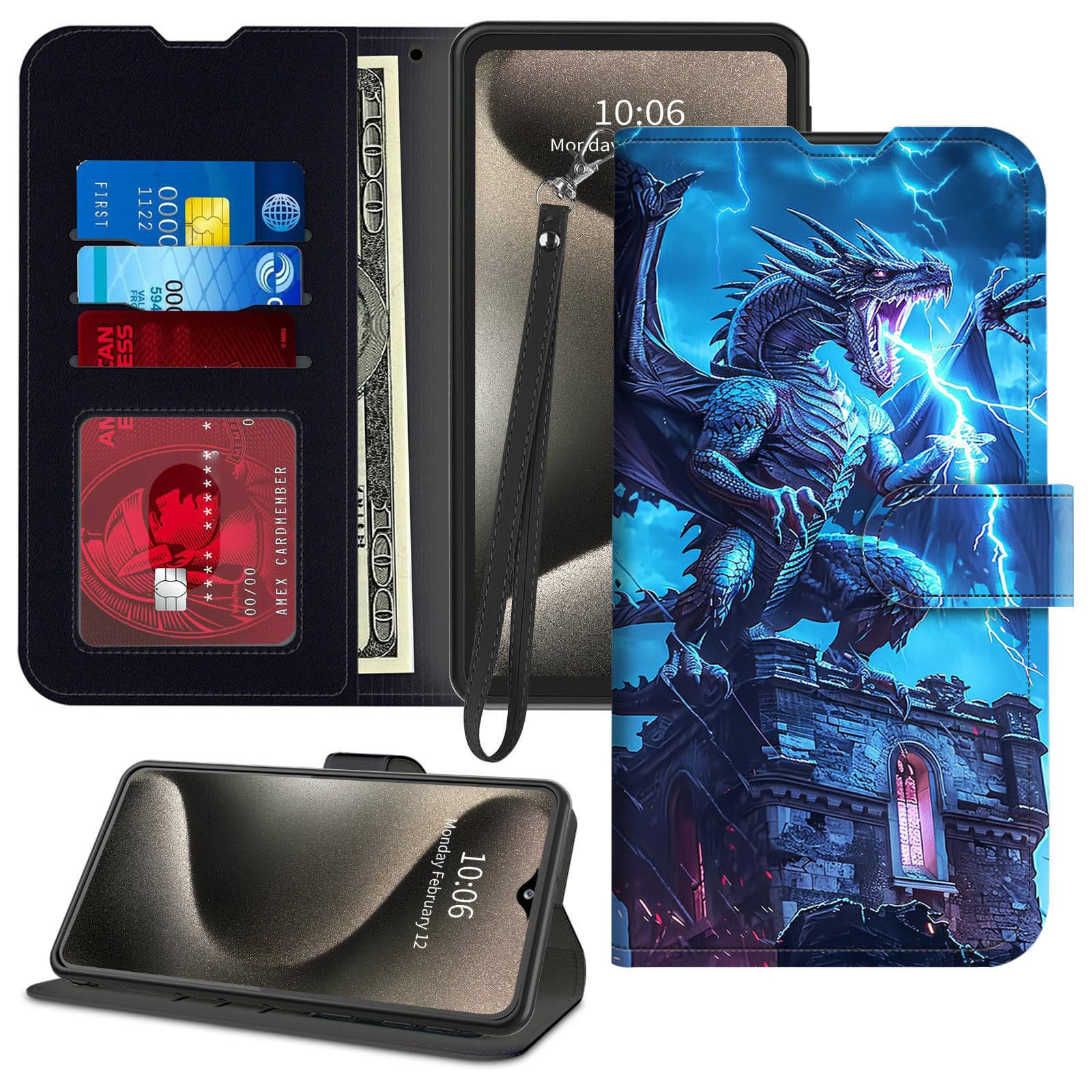 for Samsung Galaxy S26 Edge 5G Wallet Case 6.7" with Credit Card Holder Wrist Strap PU Leather Magnetic Flip Kickstand Card Slots Shockproof Phone Case for Galaxy S26 Edge,A Blue Dragon
