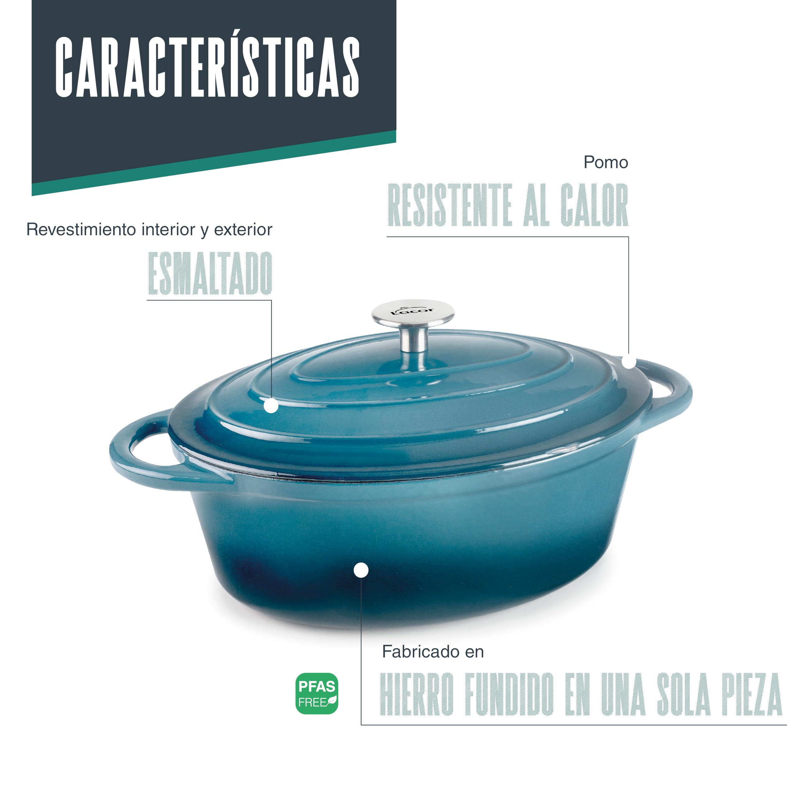 LACOR 71709 - Cacerola Hierro Fundido Esmaltado, 3, 5 Litros, 29 x 21 cm | En hierro robusto, para guisos y cocciones uniformes; apto para inducción y horno, apto para lavavajillas, cómodo y funcional