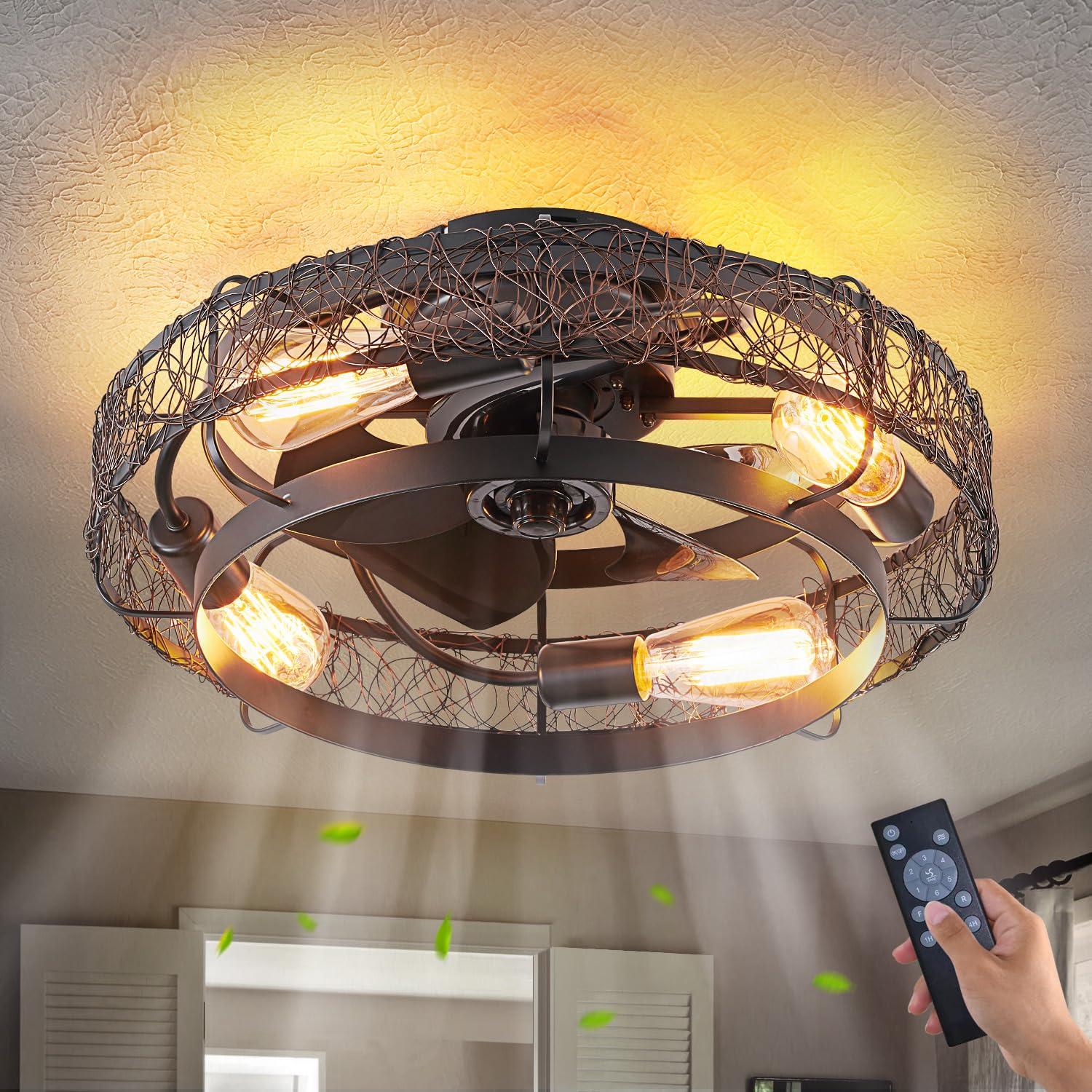 4-Light Farmhouse Ceiling Fan with Light, Caged Ceiling Fan with Lights Remote Control, Black Rustic Ceiling Fan for Living Room Bedroom Kitchen