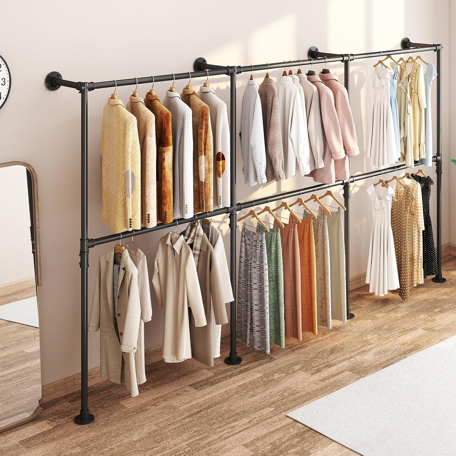 SMONTER Perchero industrial tubular de metal, altura ajustable, para colgar ropa, barra pesada montada en la pared, para armario, dormitorio, 6 rejillas