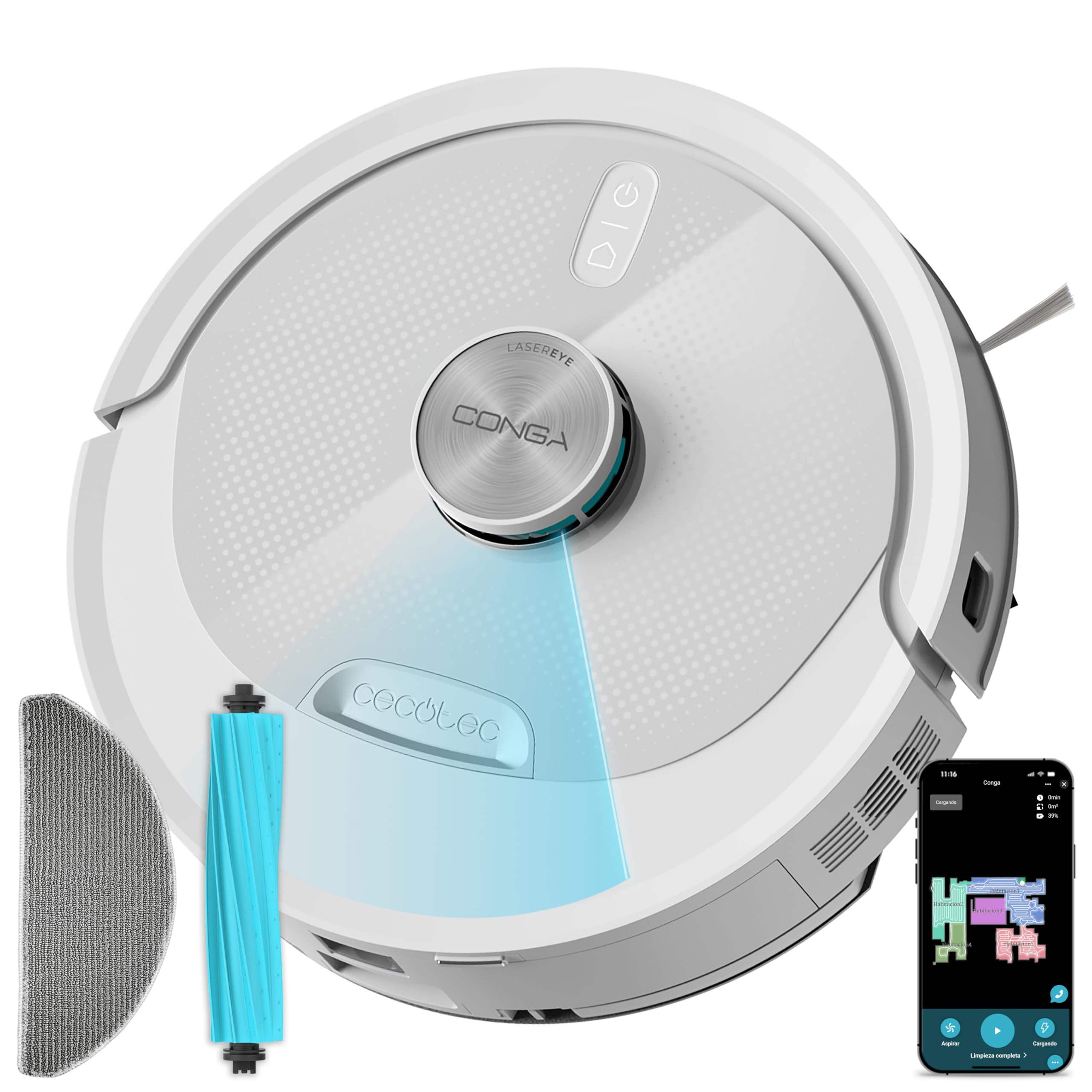 Cecotec Robot Aspirador y Friegasuelos con Navegación Láser Conga M80 Pearl. Succión del Motor 25000Pa, Autonomía 240min, Cepillo Silicona para Mascotas, Bluetooth y WiFi, Control App
