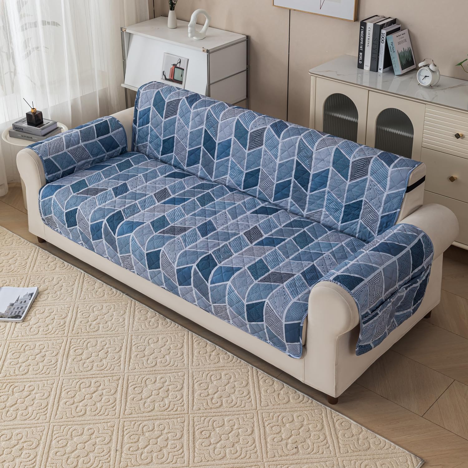 House of Quirk Quilted Polyester Sofa Cover Mat - Anti-Slip, Water-Resistant Couch Protector for Pets, Kids - Machine Washable Furniture Protector (Hexa Blue, 120x185 cm, Two Seater)-image-27
