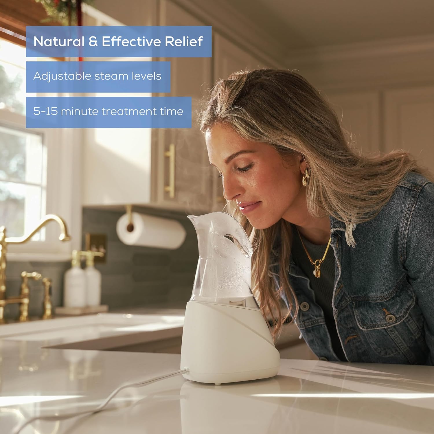 Woman inhaling steam from the Beurer SI31 Steam Inhaler