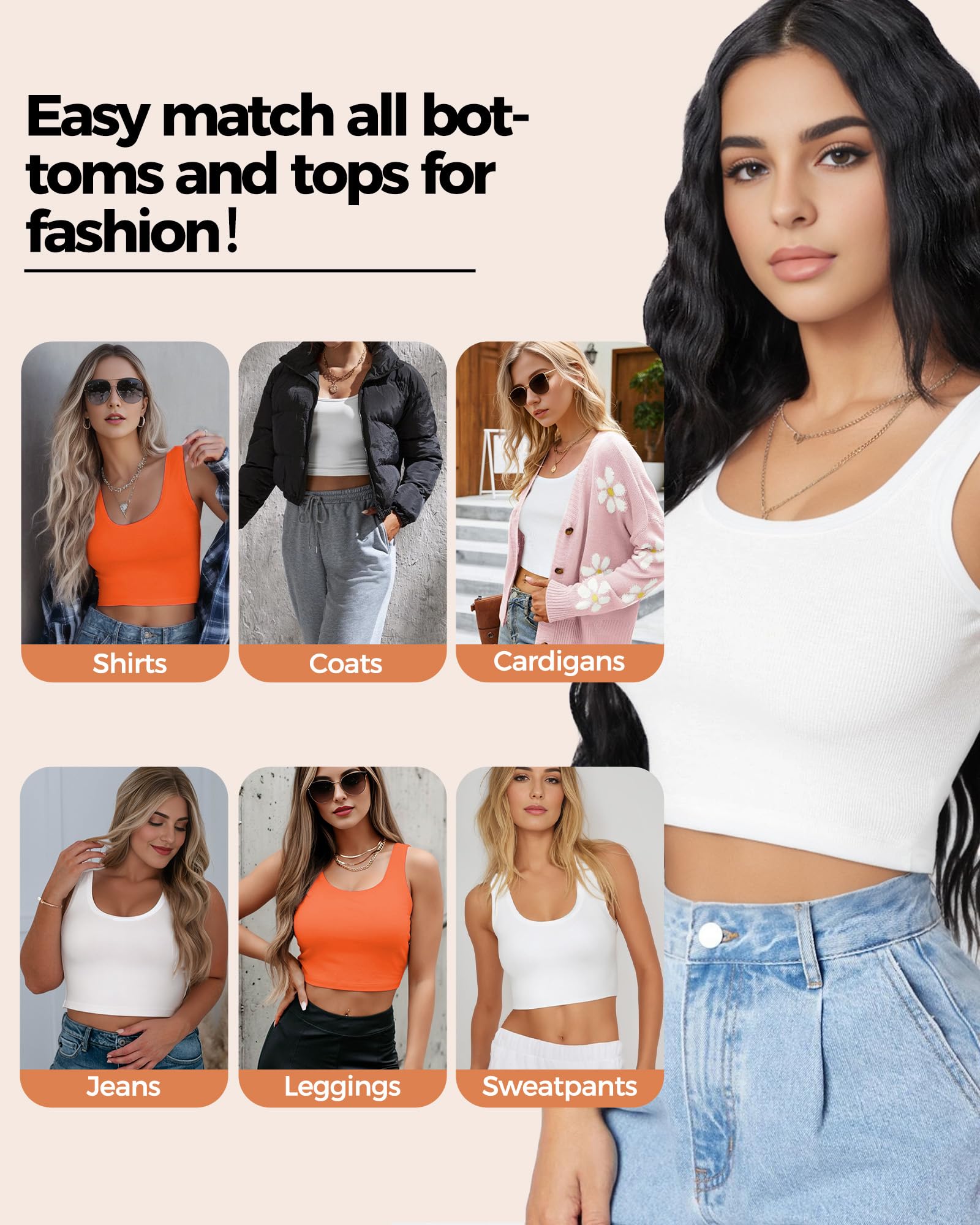 2-3 canottiere da donna, crop top senza maniche con scollo a U, crop top basic corto racerback per uscire magliette sportive atletiche, Bianco+arancio, XX-Large