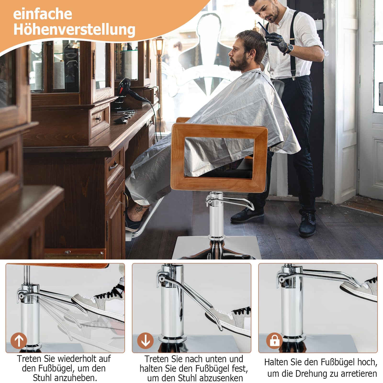 COSTWAY Friseurstuhl Sitzhöhe verstellbar von 50-65cm, Barbersessel belastbar bis 250 kg, Salonstuhl mit 360° Drehung, Hydraulischer Pumpe, Spa Friseursessel mit Holzarmlehnen