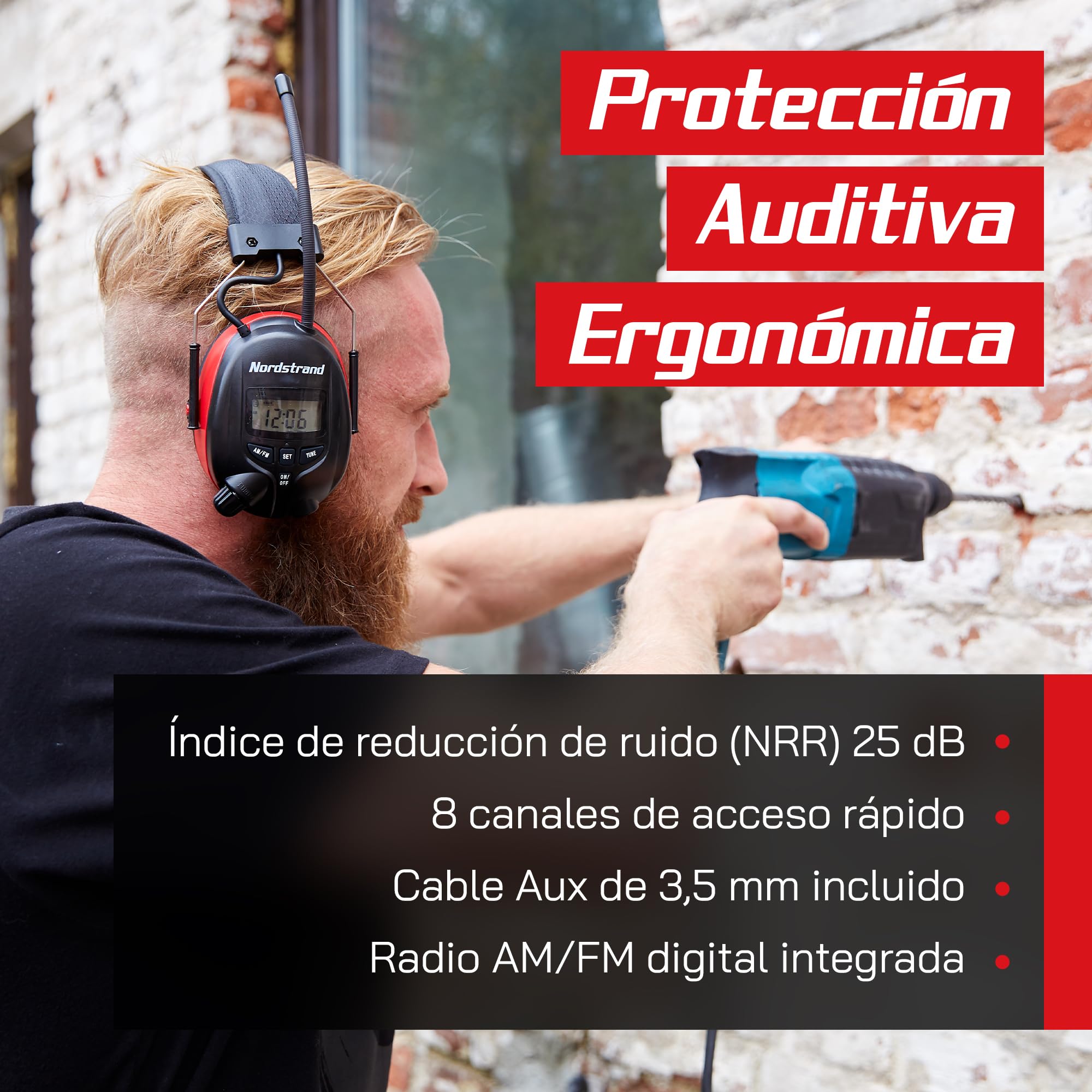 Nordstrand Protector para Oídos Defensores Auditivos - NRR 25dB - Radio FM/AM - Estereo Entrada de Audio