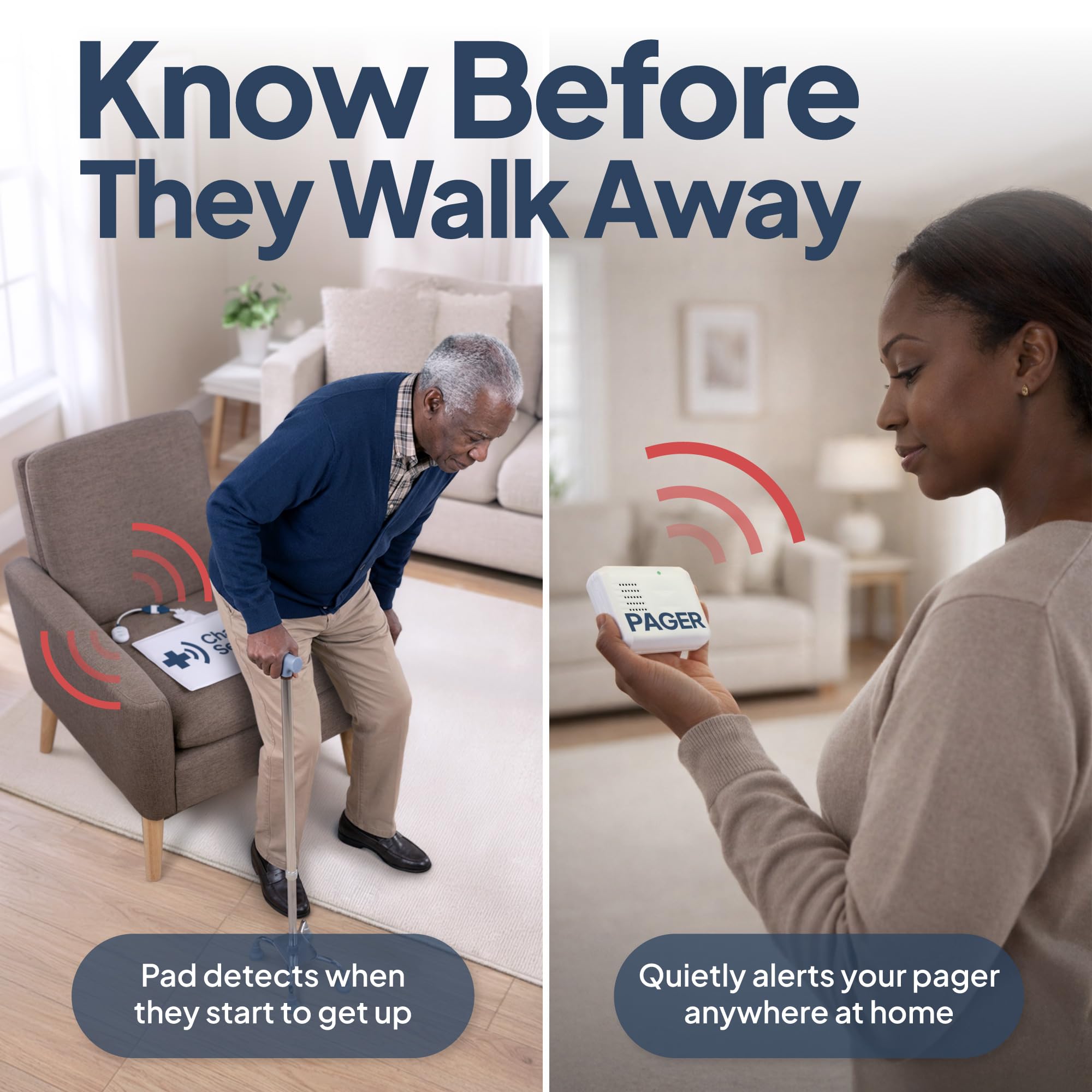 Smart Caregiver - Sistema de alarma inalámbrico para silla con buscapersonas y sensor de peso para prevención de caídas, sensor de presión de 10 x 15 pulgadas, hasta 1000 pies