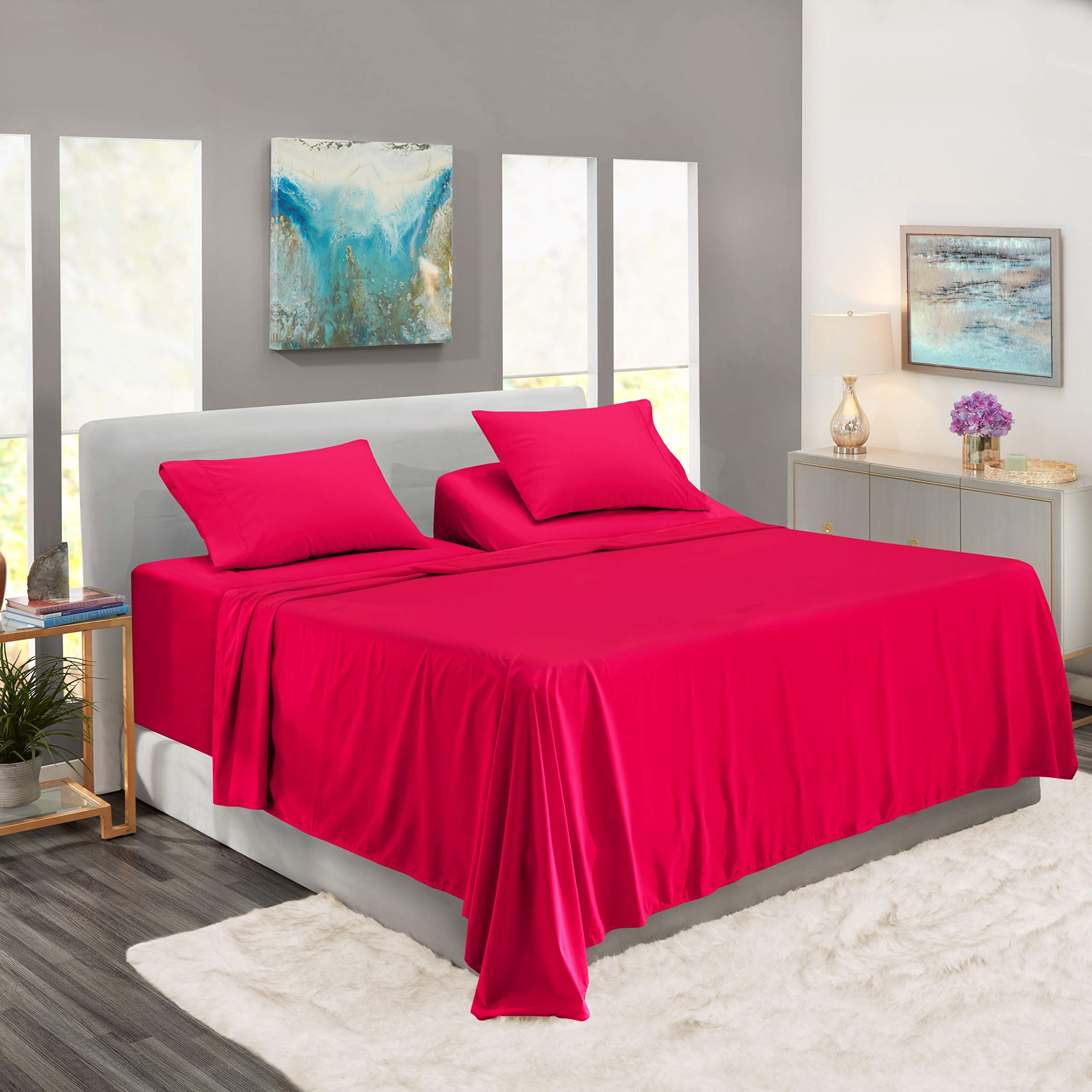 4 PC Top Spilt Head Bed Sheet Set-100% Pure Cotton 800 TC-Top Split Cal-King | Hot Pink Sheet Set for Adjustable Bed Flex Top Split Head 32 Inches All Around Elastic 18" Deep Pocket