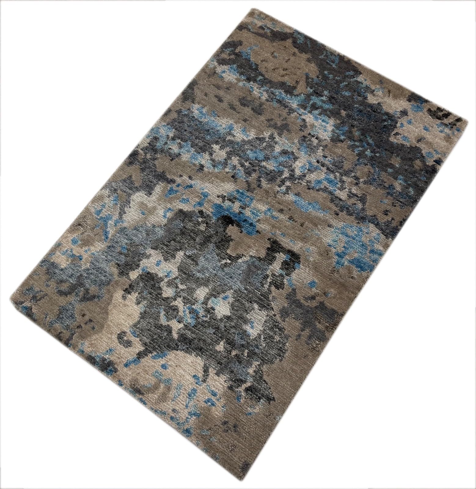 Tapis brillant, fait à la main, 60 x 90 cm, bleu, gris, multicolore, soie de bambou, R121