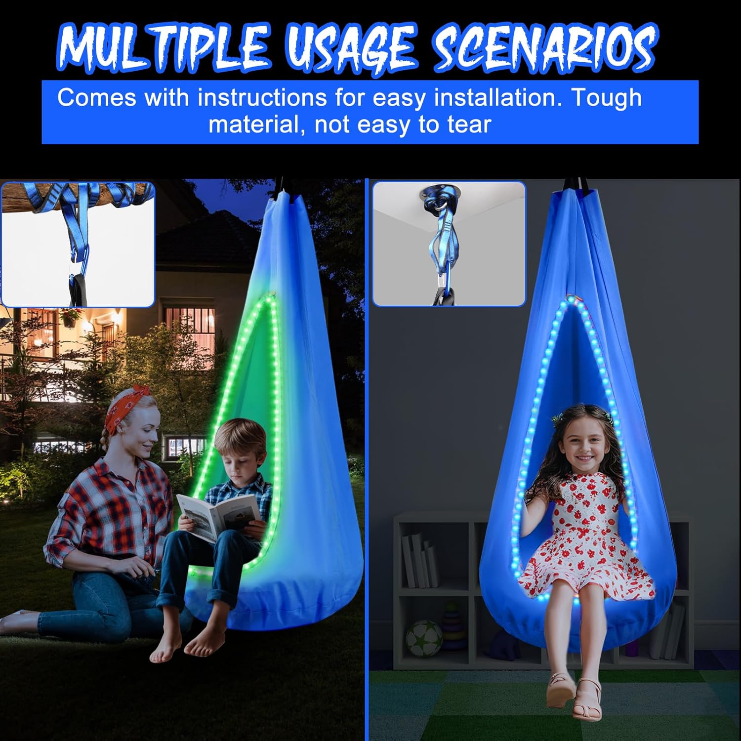 Light Up Kids Pod Swing Seat – Sensory Hammock Chair with Remote & Bluetooth App Control LED Lights, Inflatable Cushion, Pocket – Indoor & Outdoor Swing for Autism & Relaxation 3