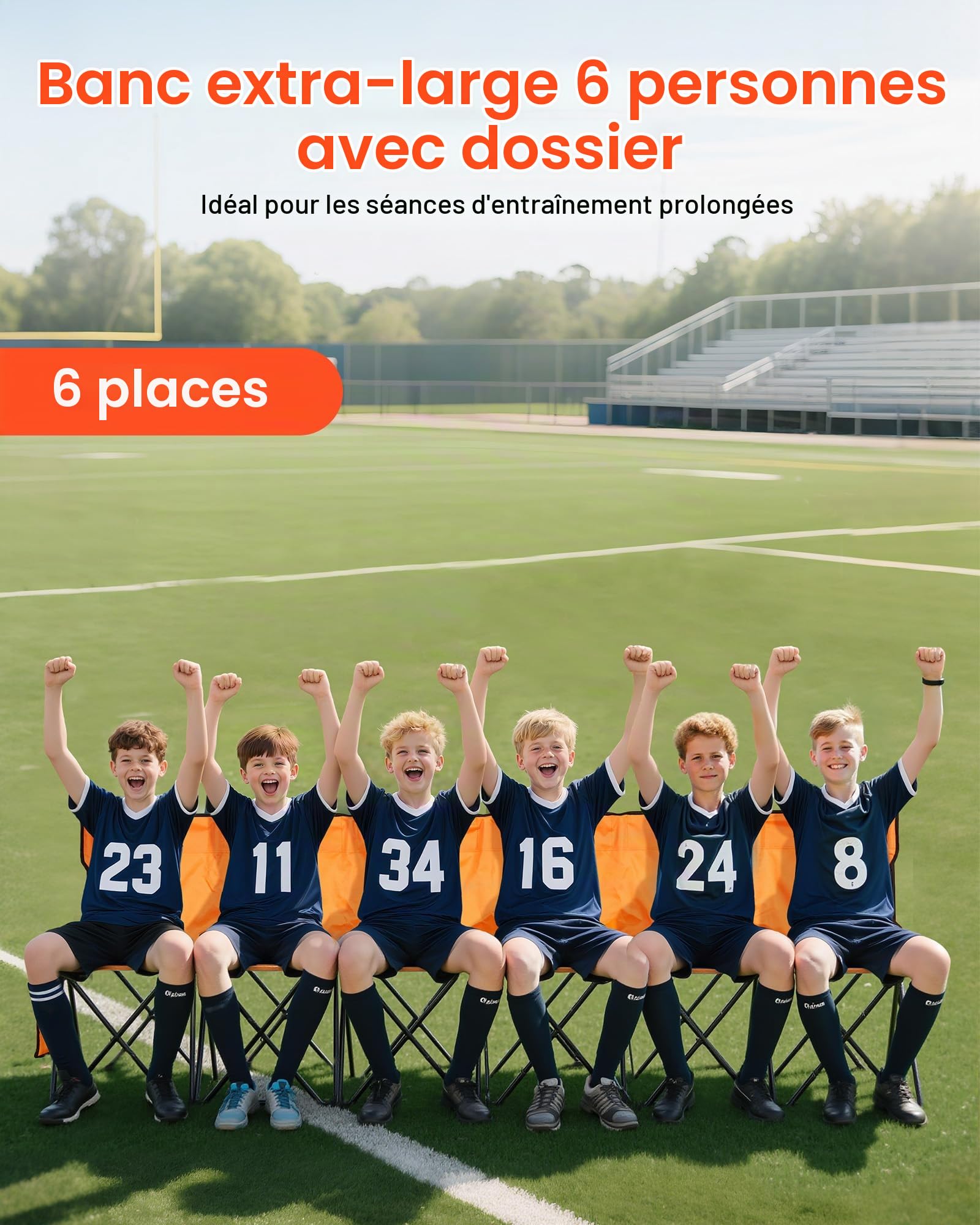 VEVOR Banc pliant portable à 6 places, banc de camping pliable avec poches de rangement et sac de transport, siège latéral léger avec dossier pour football, baseball et événements en plein air, orange