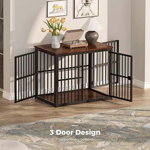 Miniatura 24 de Lyromix Mueble de jaula para perros de 43 pulgadas con 3 puertas, mesa auxiliar de madera XL, jaula resistente para perros medianos a grandes, Gris