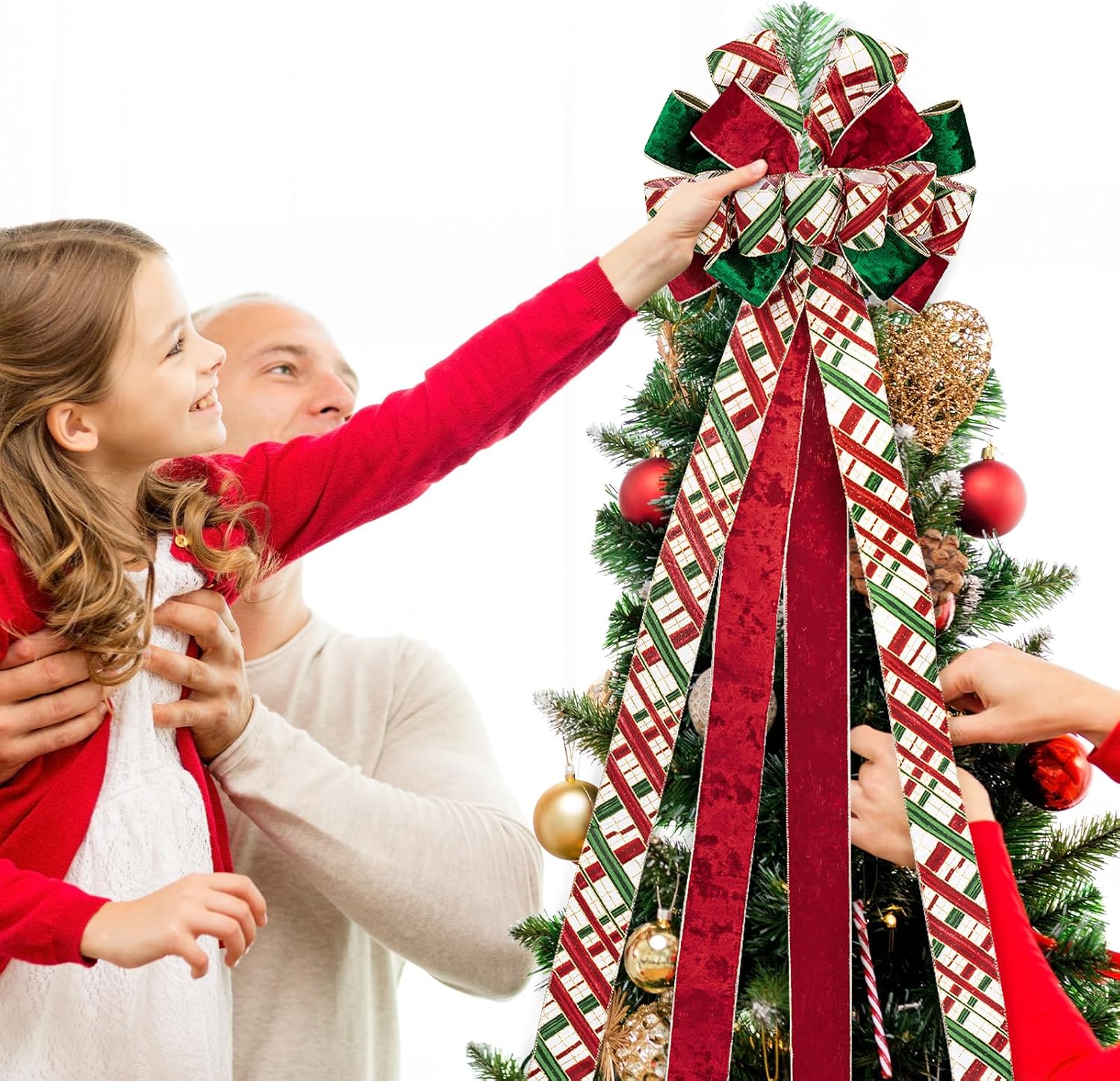 RUSPEPA 1pcs Large Christmas Tree Topper Bow, Red Green White Plaid Design with Gold Trim, Bow for Christmas Tree, Wreaths, Gift Boxes, Party Décor, Indoor/Outdoor Use, 13" x 52"
