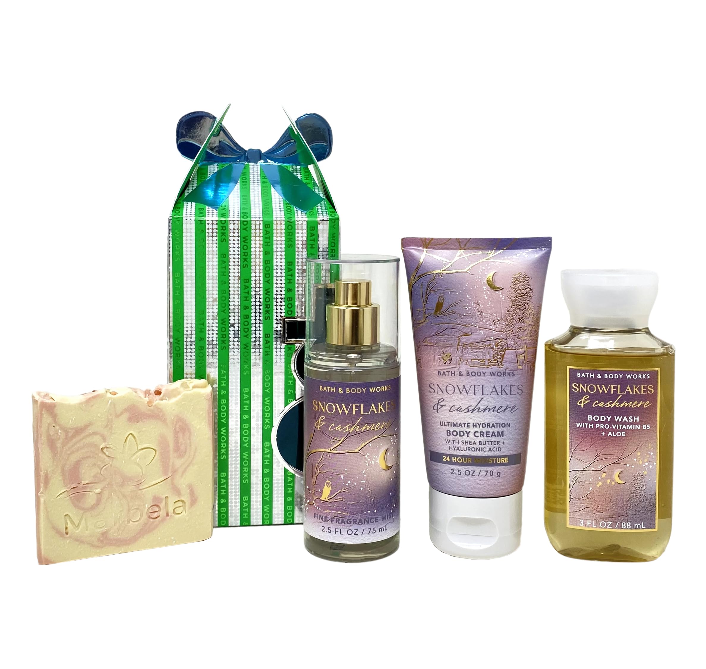 Bath & Body Works Snowflakes & Cashmere Mini Gift Box Trio - Fragrance Mist - Body Cream and Body Wash with a Himalayan Salts Springs Sample Soap -