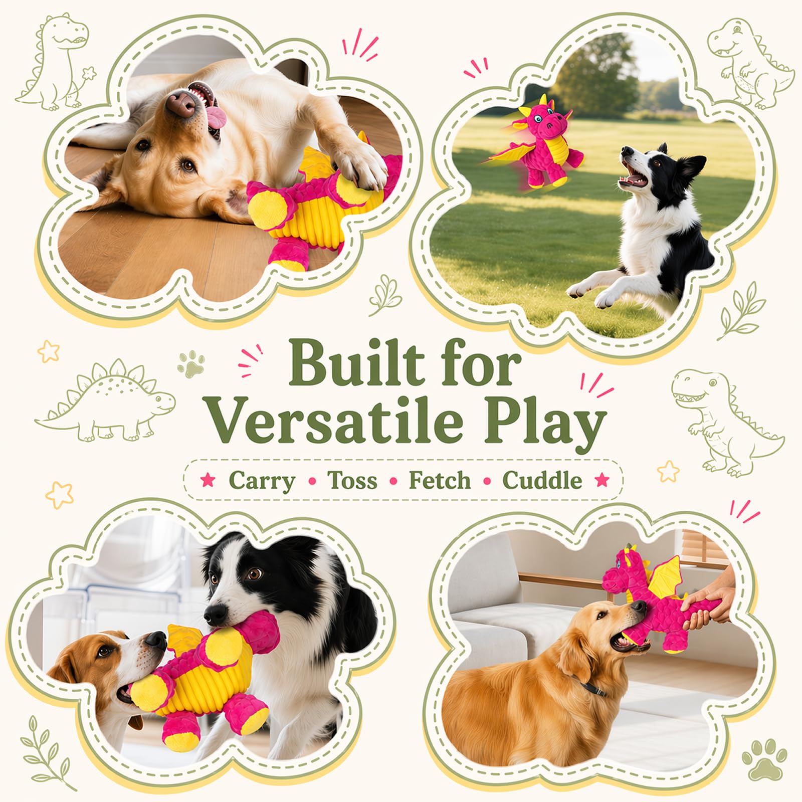 Quietschendes Hundespielzeug – Weiches Plüschdrachen-Hundespielzeug mit 5 Quietschern und Knisterpapier, Hundespielzeug für kleine, mittelgroße und große Hunde (Rosa, 25,4 cm)
