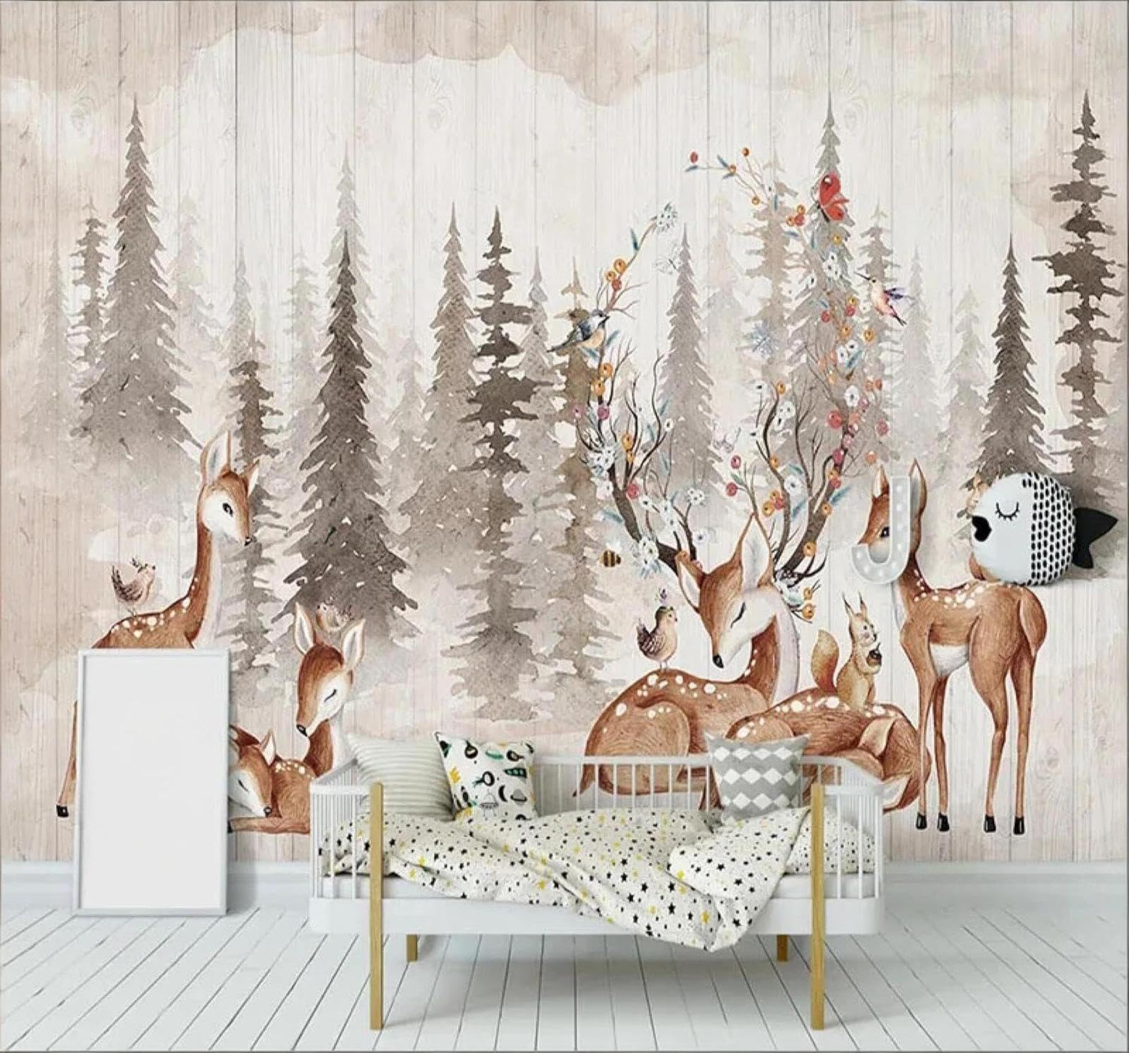 Xlming 200Cm×140Cm(B×H) Vintage Wood Grain Hand Painted Forest Roe Deer 3D Wallpaper Luxury Home Dining Decor Paste Sofa Living Room The Wall For Bedroom Mural-200Cm×140Cm