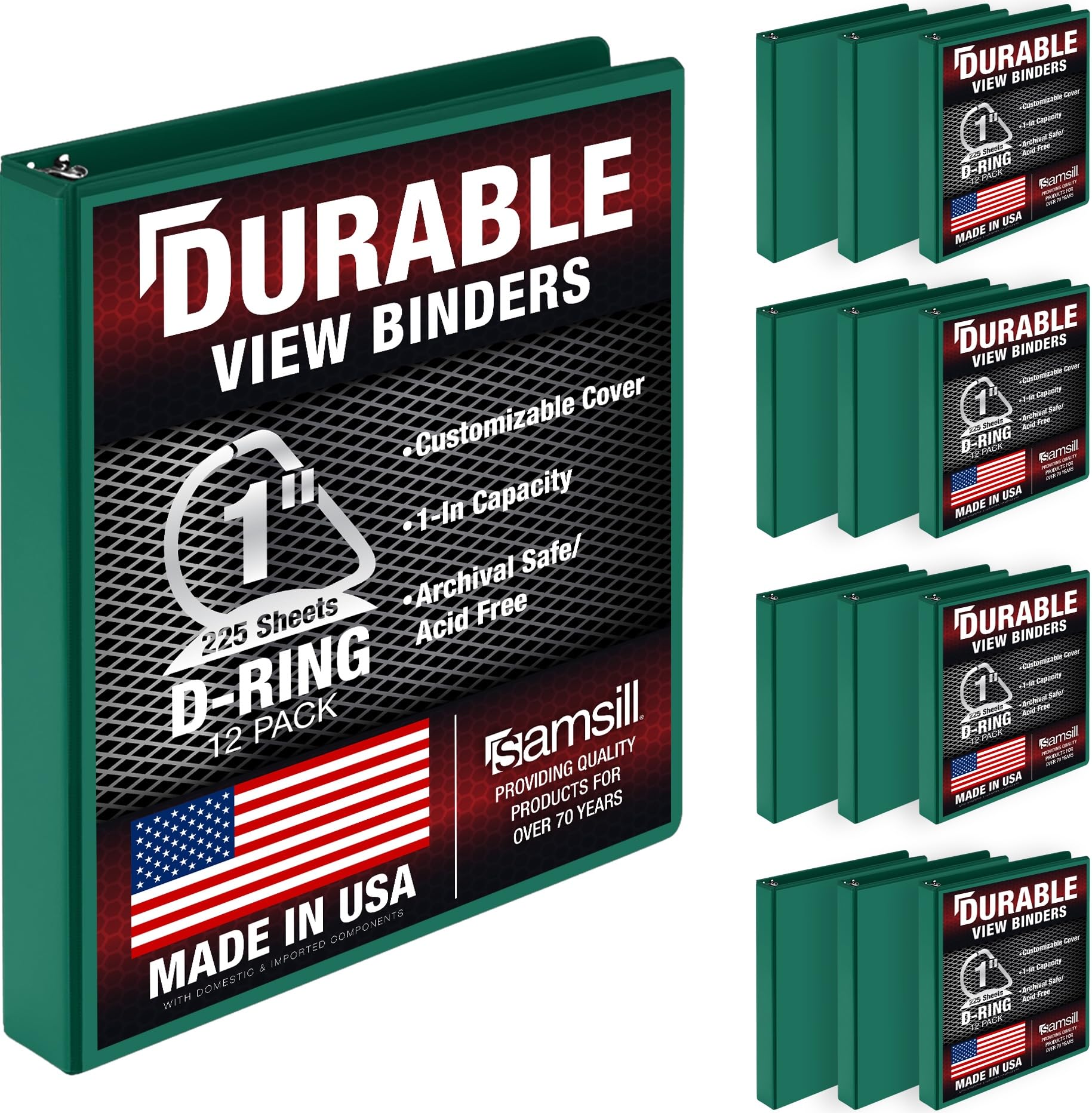 Samsill Durable 1 inch 3 Ring Binder, D Ring Binder, 100% Recycled Chipboard, Green, 12 Pack