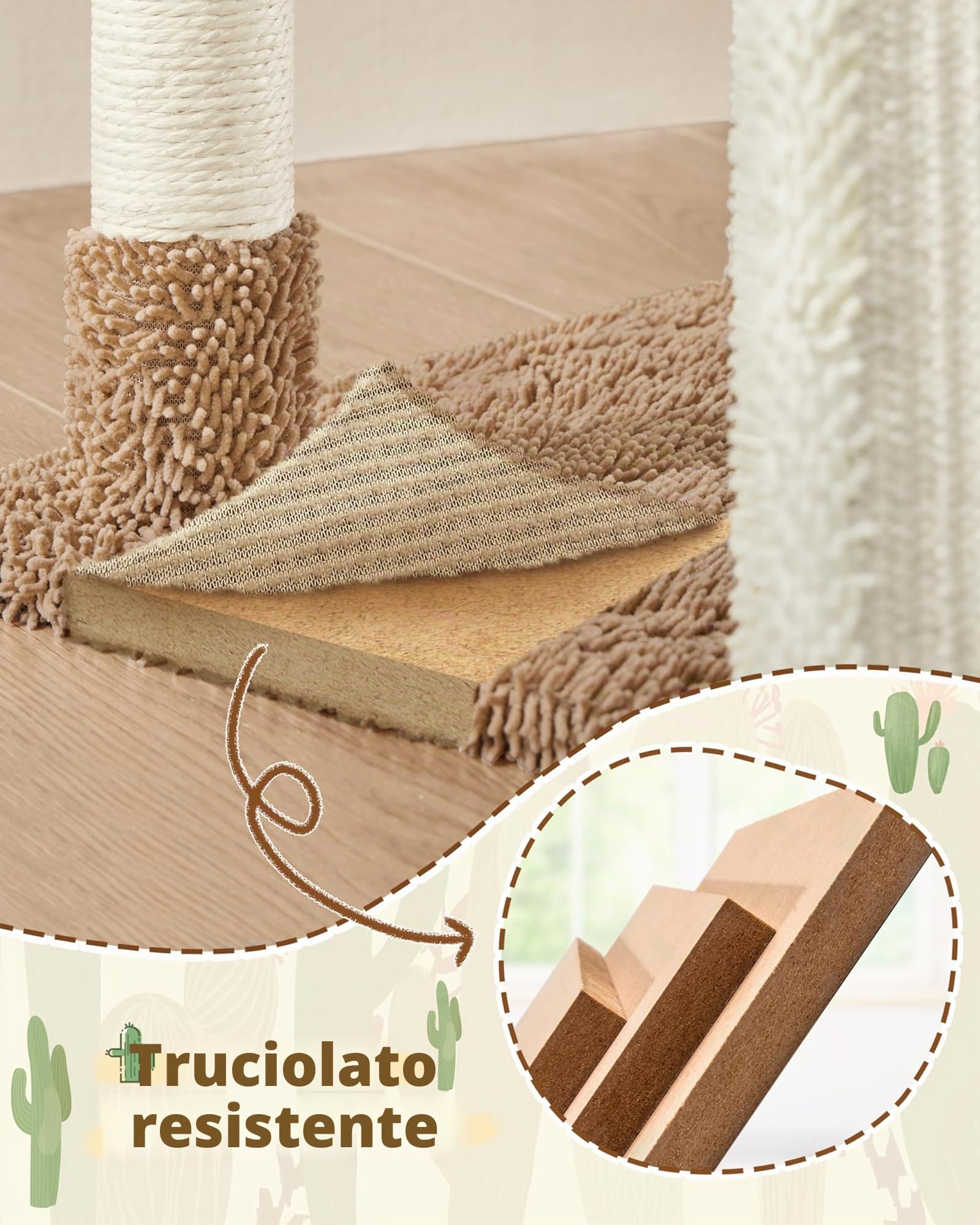 Yaheetech Albero Tiragraffi per Gatti a Forma di Cactus in Truciolato e Corda di Sisal 42,5 cm × 42,5 cm × 106,5 cm Beige/Marrone