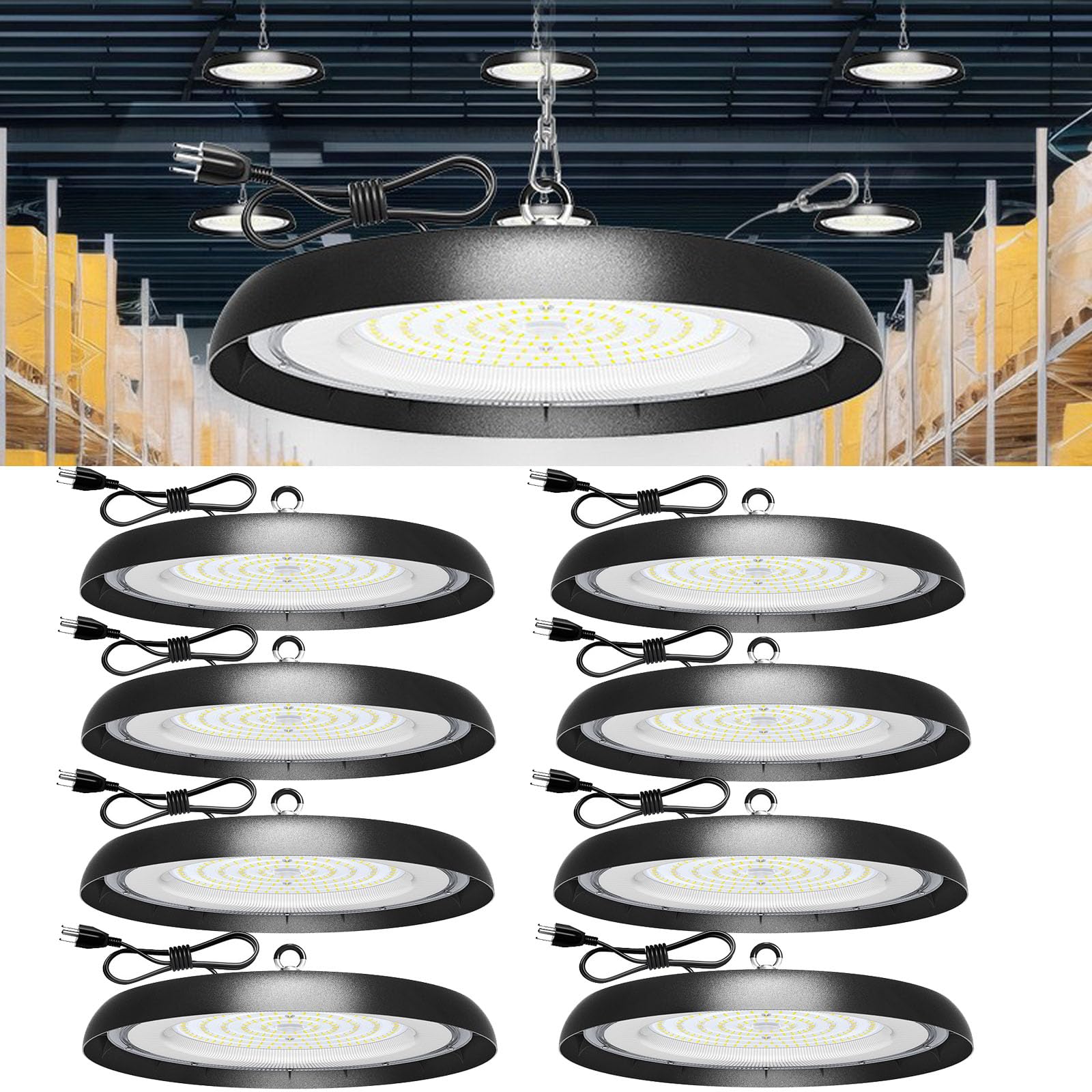 8Pack 200W UFO LED High Bay Light 30000lm 6000K Daylight 2000W Equivalent with 59inch US Plug Cable Garage