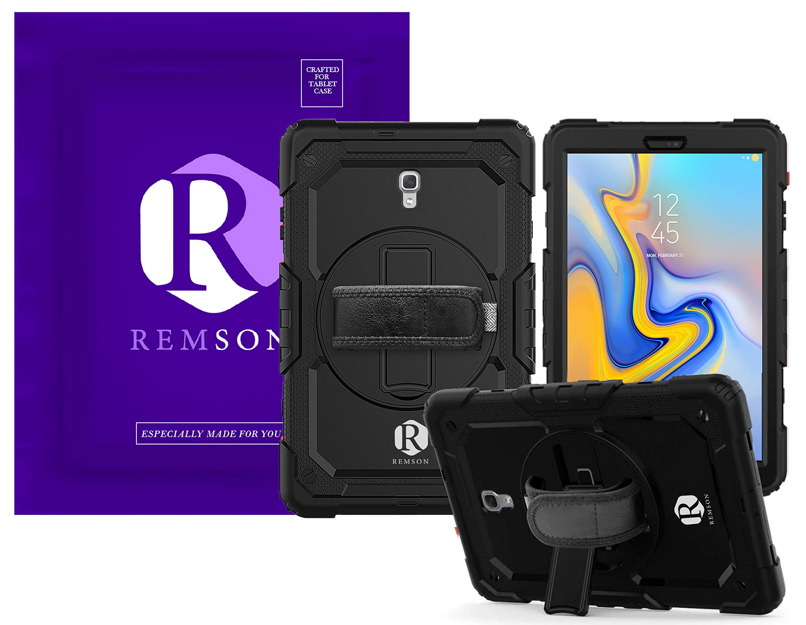 REMSON Samsung Galaxy Tab Full Body Rugged Shockproof Drop Protection with 360 Rotating Kickstand Shoulder Strap Cover (Black)