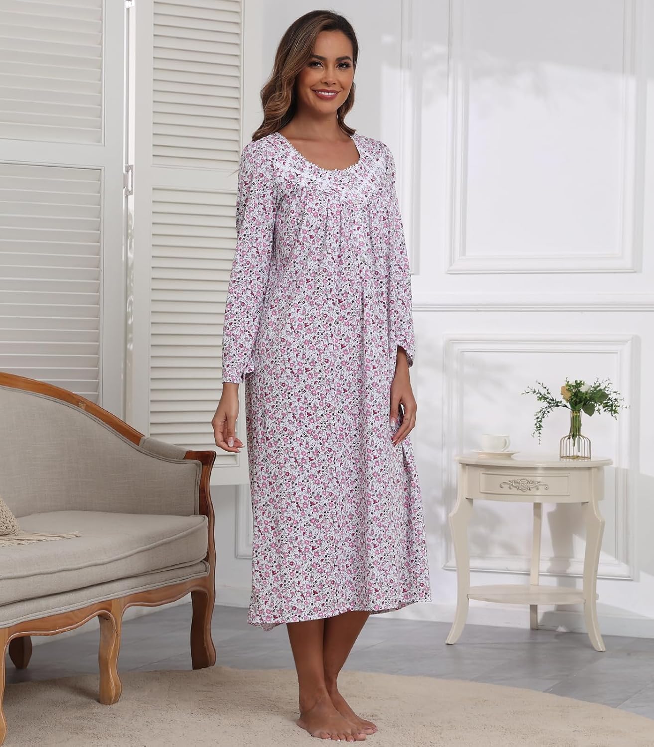 Women's Long Sleeve Nightgowns 100% Cotton Nightgowns Sleep Dress Long Ladies Night Gowns Victorian Nightdress Sleepwear Pink Rose Floral L - Image 6