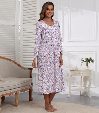 Women's Long Sleeve Nightgowns 100% Cotton Nightgowns Sleep Dress Long Ladies Night Gowns Victorian Nightdress Sleepwear Pink Rose Floral L