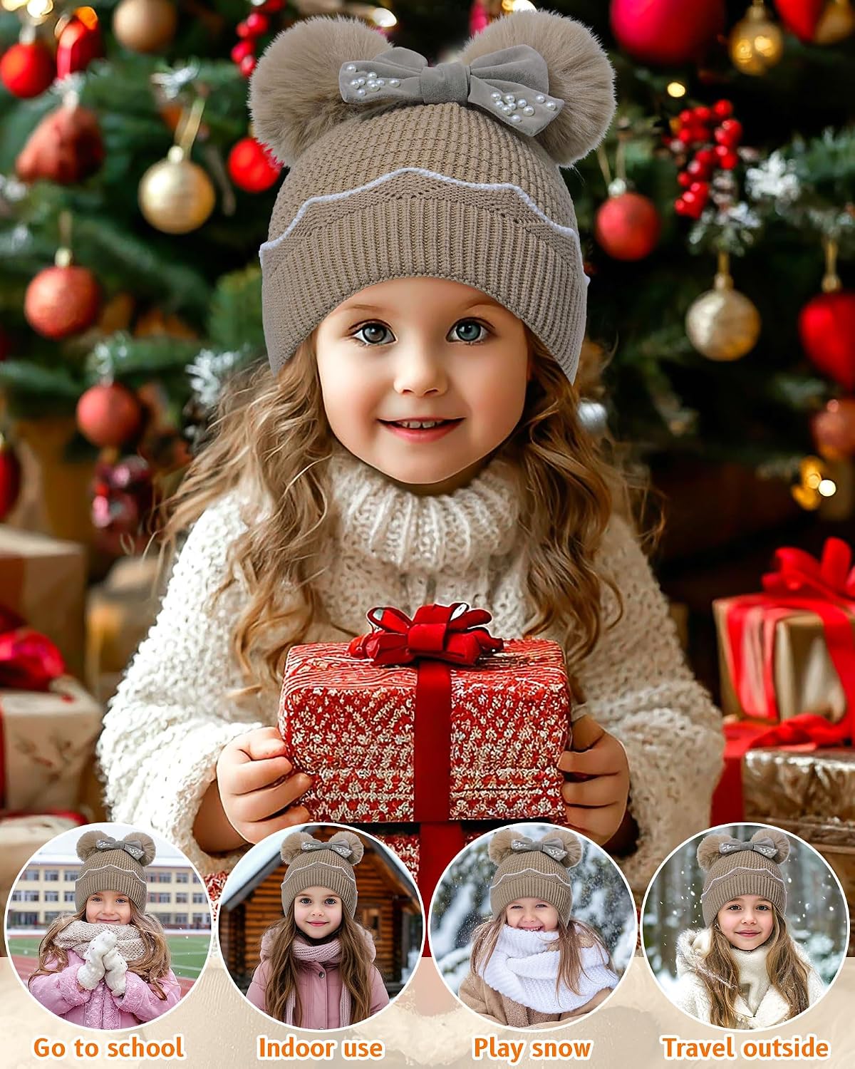 Winter Hat for Girls Kids, Girls Beanie Cap Pearl Bow Double Pom Pom Warm Fleece Lined, Toddler Knit Cap