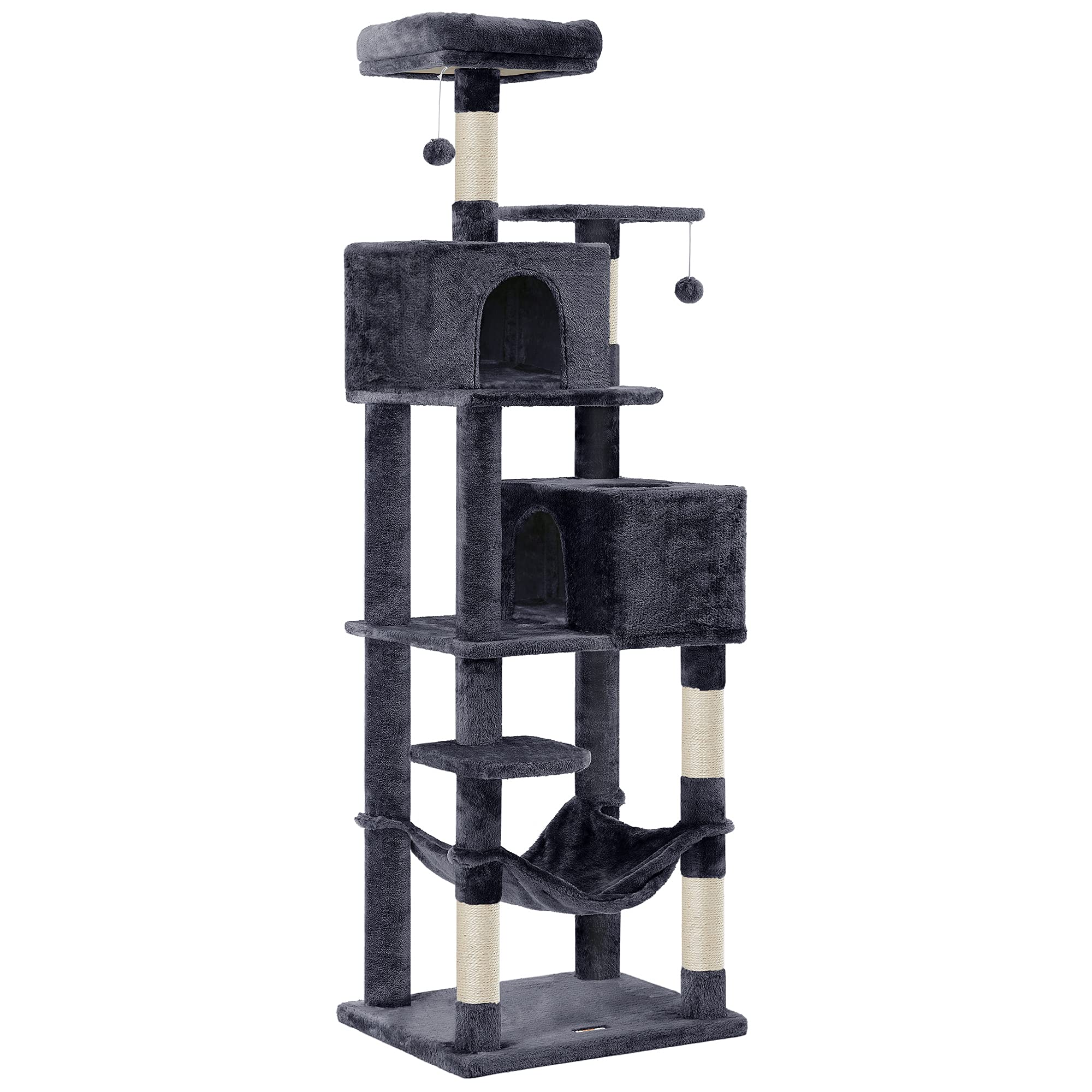 Feandrea Cat Tree, 73.2-Inch Tall Cat Tower, Plush Multi-Level Condo with 5 Scratching Posts, 2 Perches, 2 Caves, Hammock, 2 Pompoms, Smoky Gray UPCT191G01