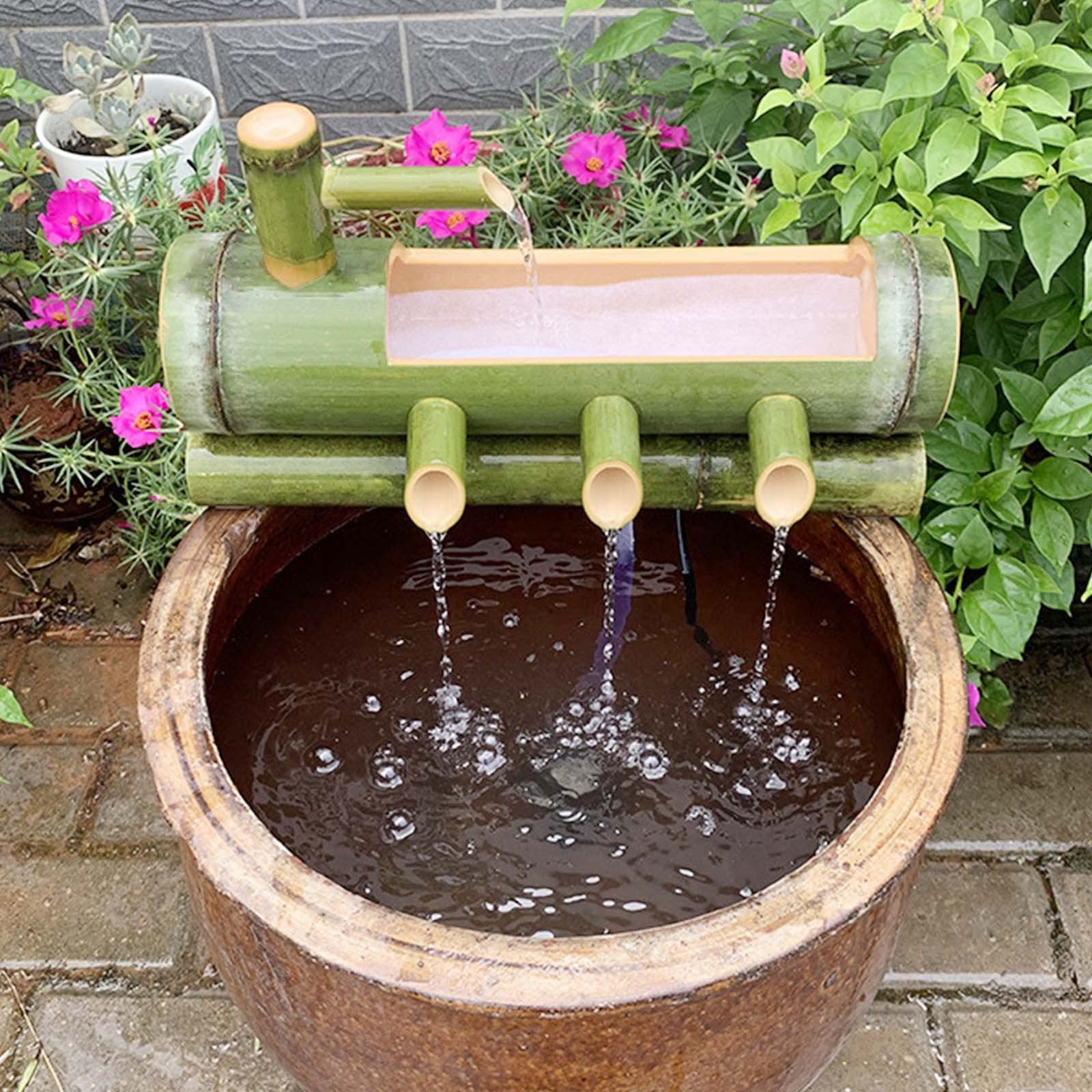Fontaine d'extérieur Japonaise en Bambou, Trois Sorties d'eau, Fontaine Solaire décorative pour Jardin ou Salon, kit de Fontaine en Bambou, 95 cm x 70 cm