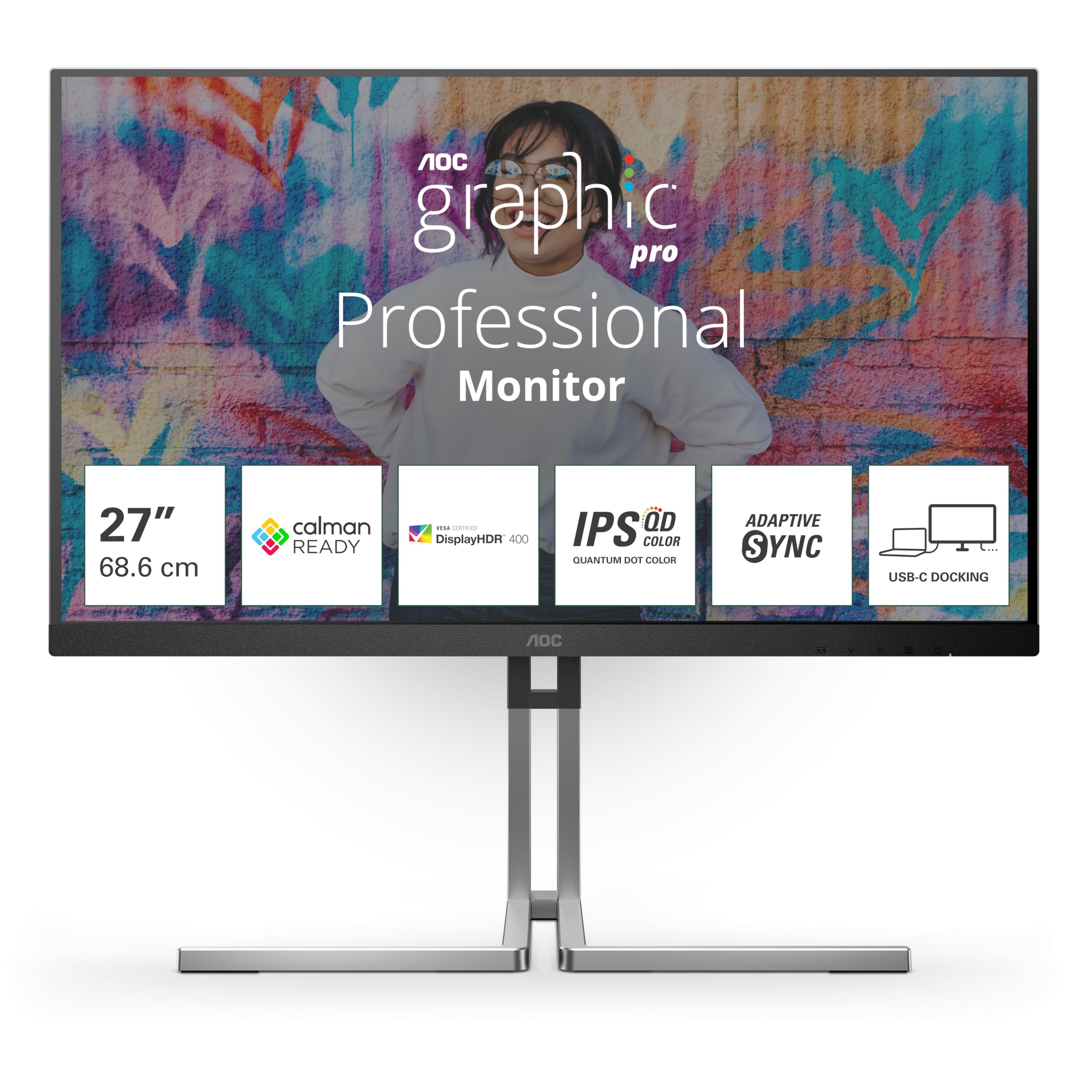AOC Q27U3CV Monitor 27 Inch 75Hz IPS Panel QD, 4ms GtG, VESA HDR400 (Certified), Speakers, Height Adjustable, (2560x1440 HDMI 1x 1.4 DP 1x 1.4 USB Hub) Black/Silver