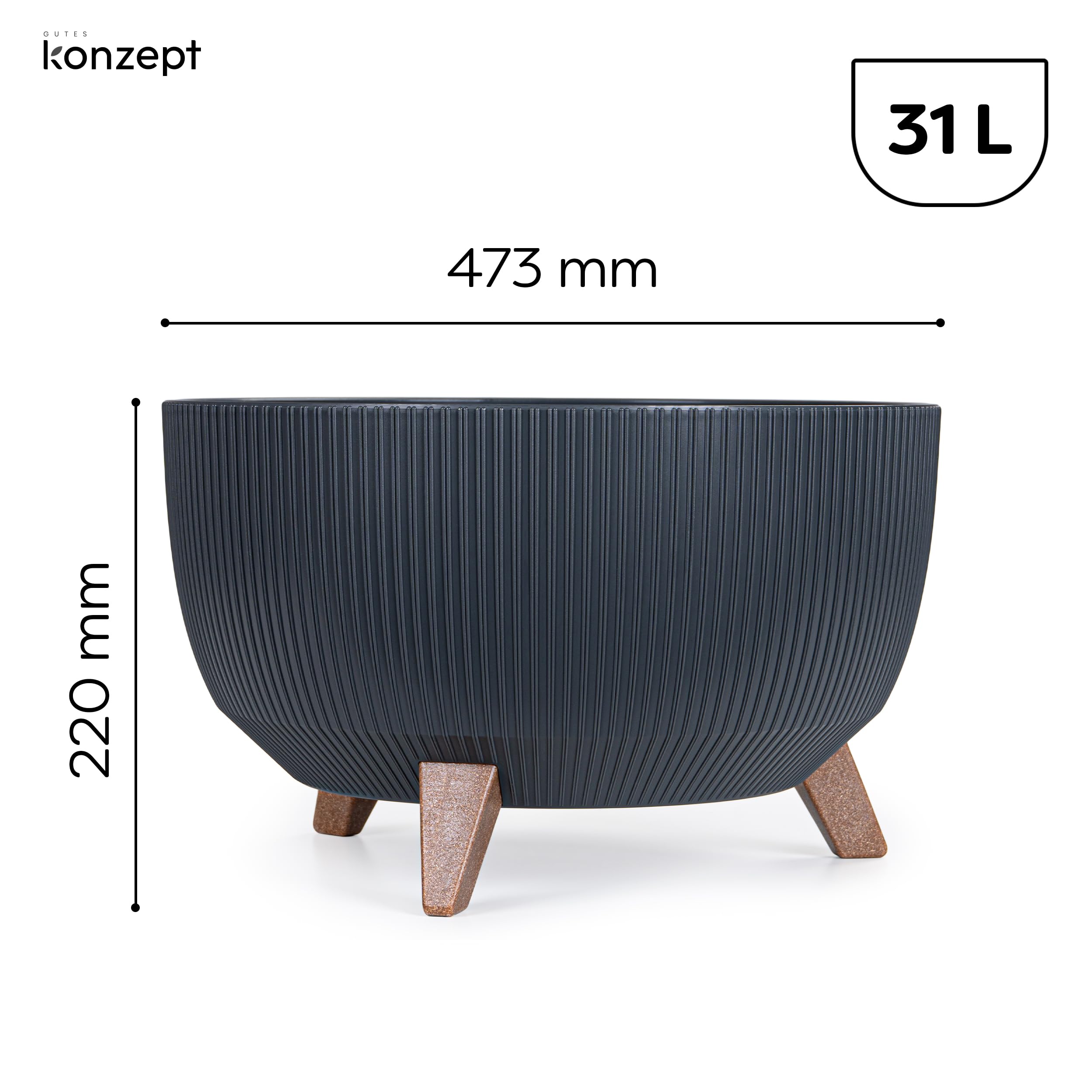 KONZEPT Macetero con patas – Maceta grande de plástico redondo de 47 cm – Moderna y resistente a la intemperie, para interior y exterior
