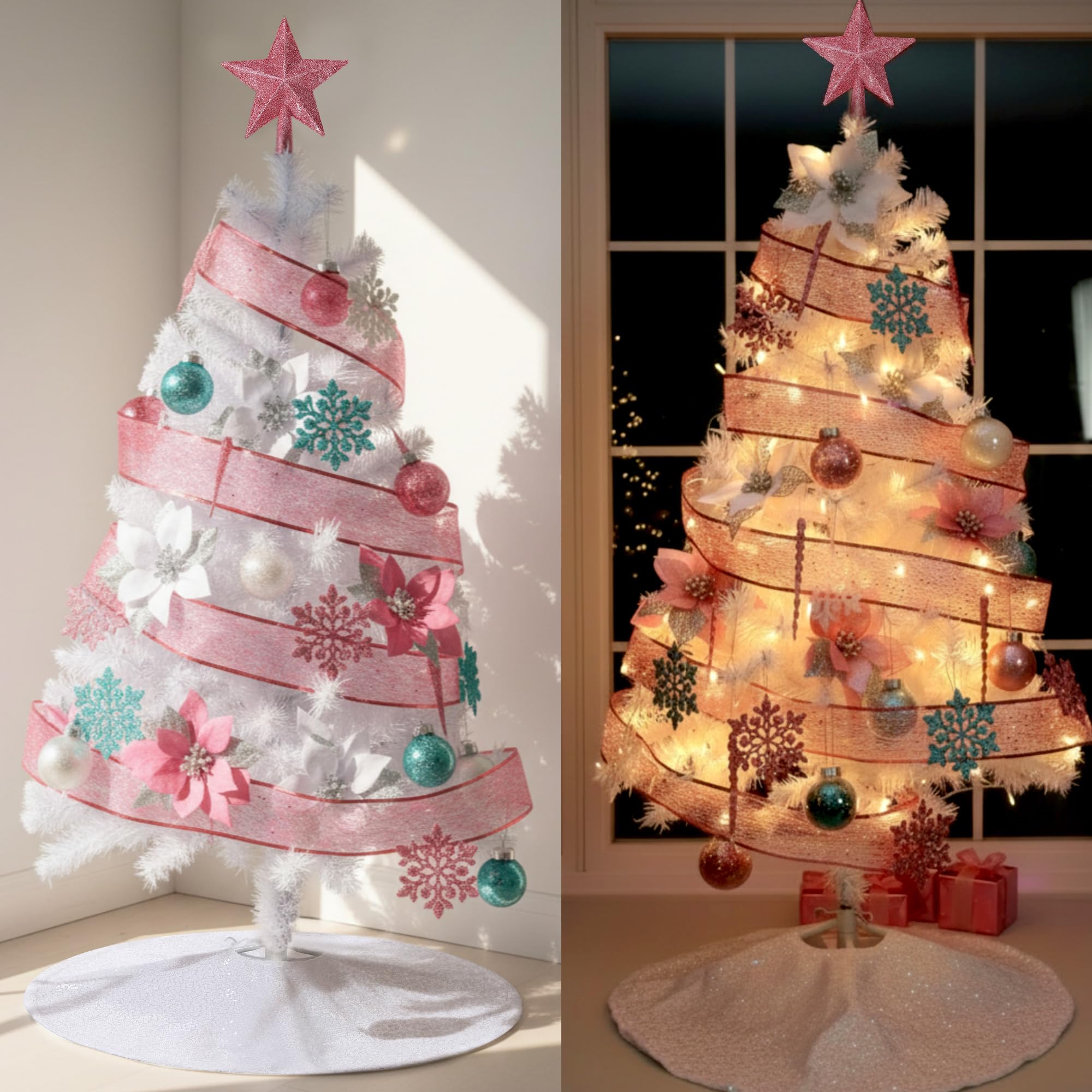 Lunmon Lot de 44 demi-sapins de Noël de 1,2 m pour mur d'angle avec boule lumineuse de Noël, guirlande lumineuse en forme de stalactites, fleurs, flocon de neige, ruban sur le dessus pour les vacances