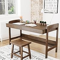 Vista 7 de Escritorio 100% de madera maciza con cajones, escritorio moderno de mediados de siglo de 48 pulgadas, escritorios vintage con estante