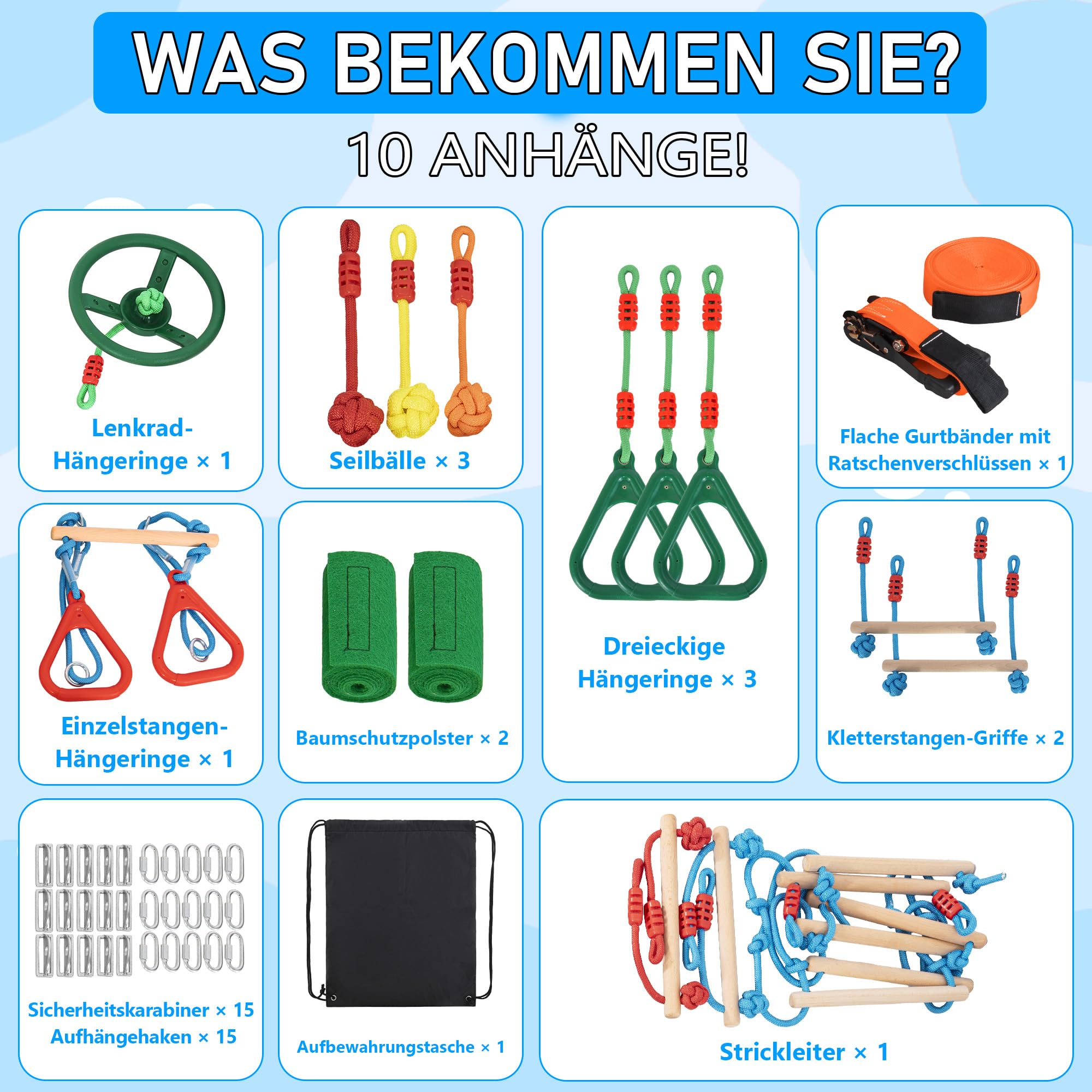 Ninja Warrior Slackline Set für Kinder, Ninja Line Kinder, Slackline 15M Hindernisse Set, Turnringe Schaukel Kletterleiter Zubehör Erweiterbar Warrior Parcours Outdoor, Geeignet für Anfänger