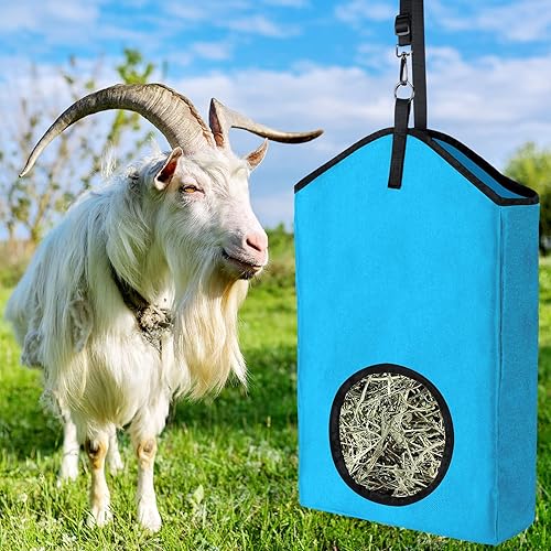 Sadnyy 4 bolsas de alimentación de heno de cabra con anillo de metal y correa ajustable, bolsa de nailon portátil para caballos de cabra (negro,