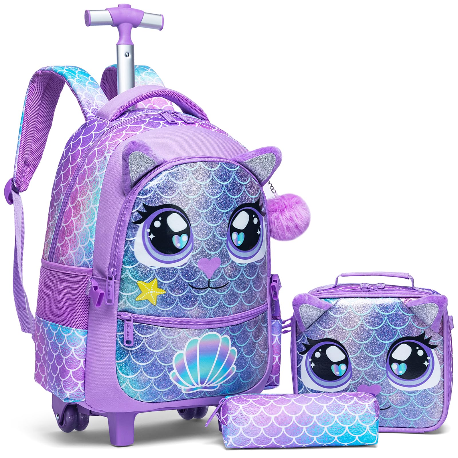 Kinder Rucksack mit Rollen für Mädchen die Schule Große Augen Tier Leopard Koffer Schultrolley Komplett mit Lunchbag Federmäppchen-Set Geeignet Grundschüler Jugendliche 5-12 Jahre Alt Lila