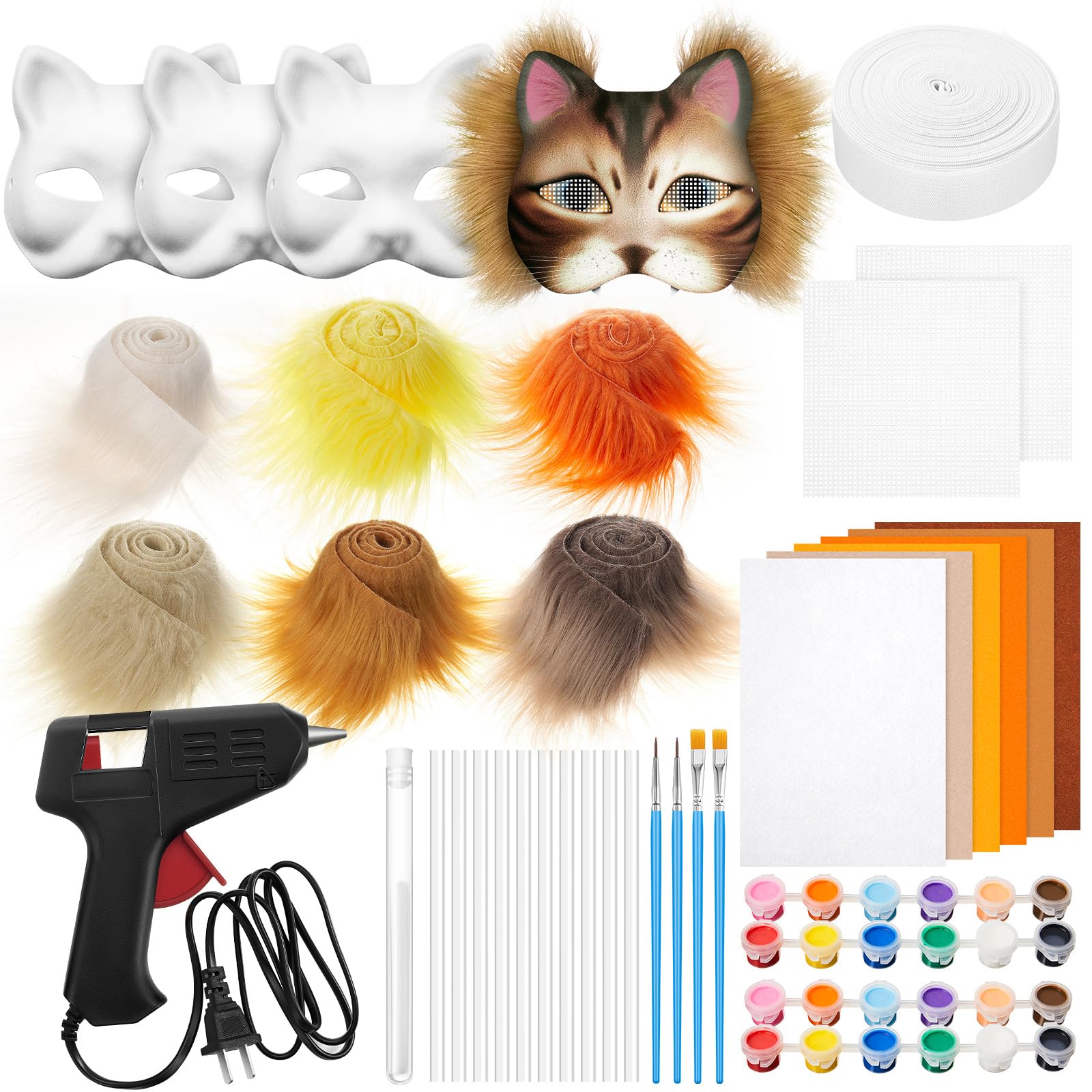 Seenelling 33 Pcs Therian DIY Mask Kit for Beginners Including Blank Cat Mask Faux Fur Fabric Felt Fabric Plastic Mesh Sheet(Bright Colors)