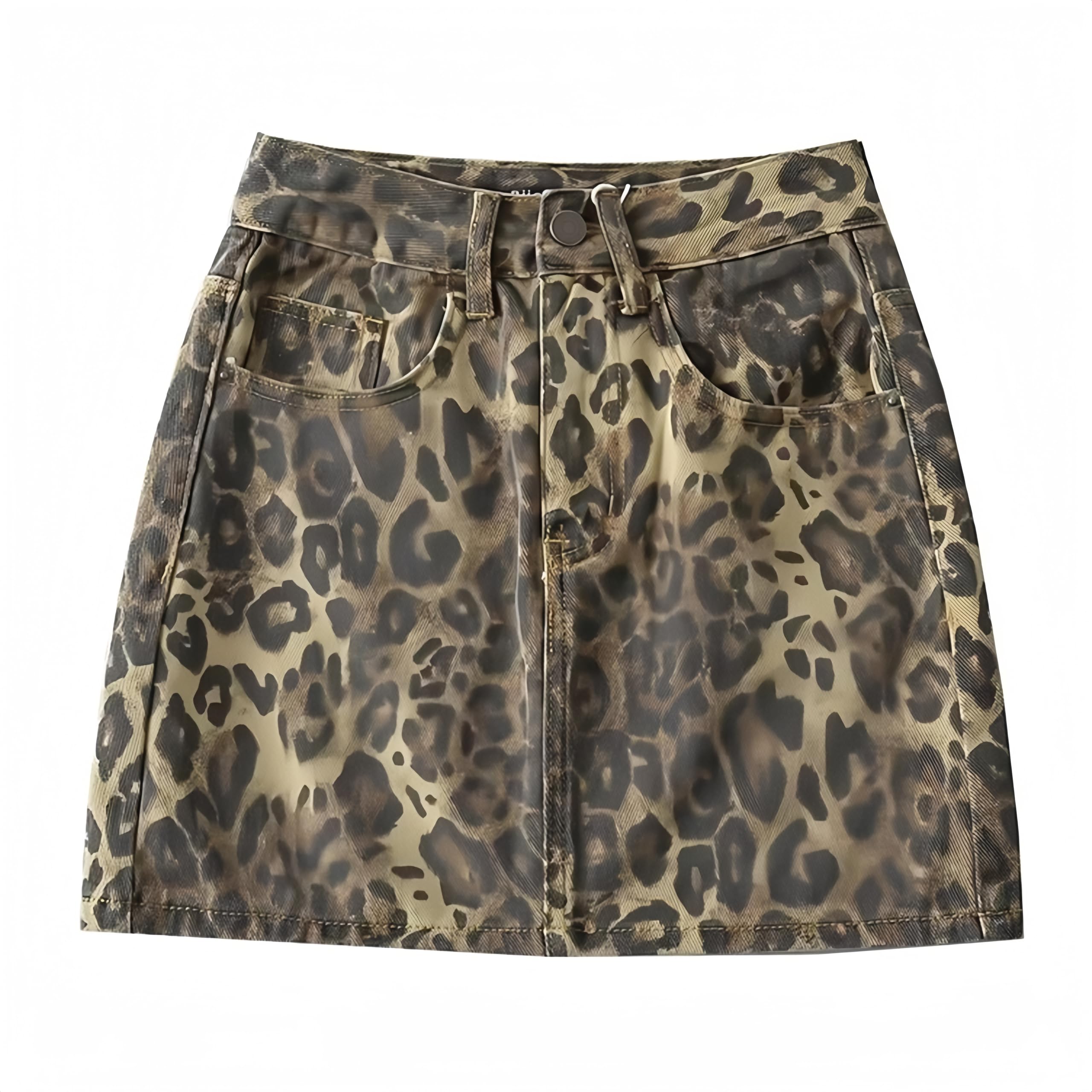 Hesaco Denim Skirt Leopard Print Skirts for Women, Y2k Jeans Mini Skirt High Waisted with Pockets, Streetwear Club Dress