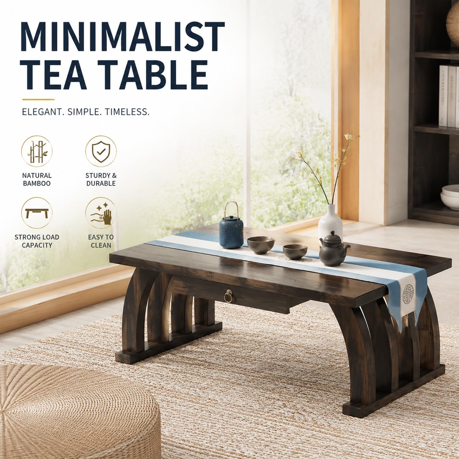 Tavolino da Tè Tatami, Tavolo Basso Giapponese con Cassetto Porta Oggetti